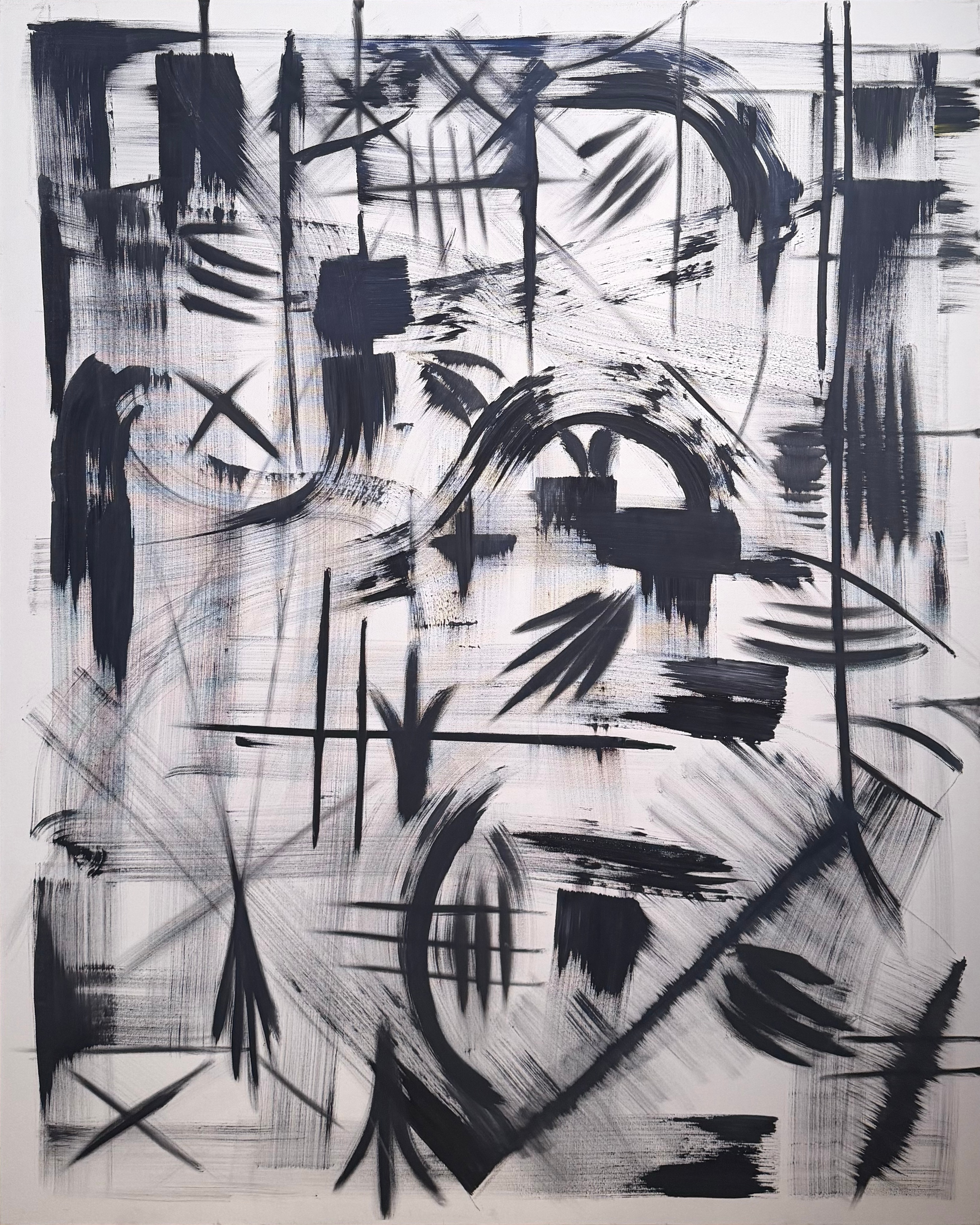 Sweeping dark brushstrokes and intersecting lines across a light canvas, with visible brush texture.