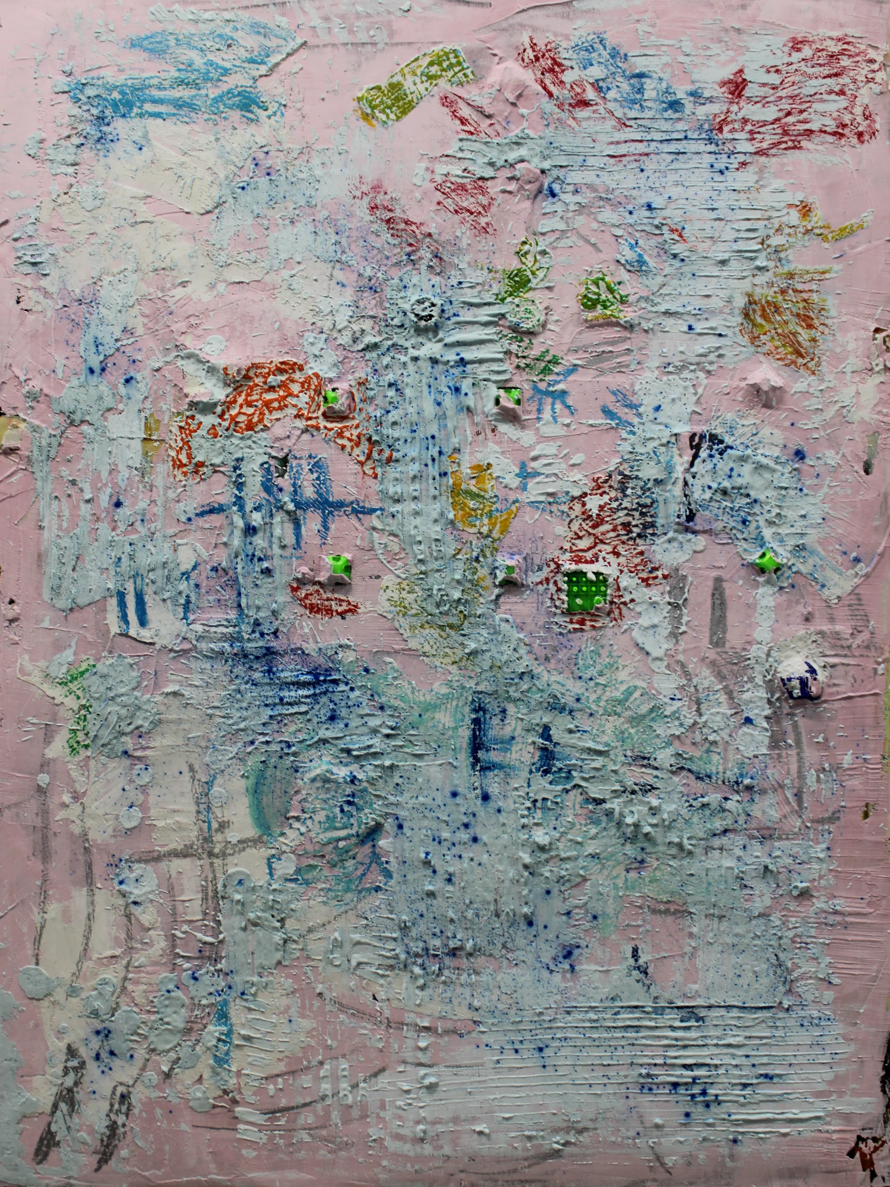 Portrait-format abstract canvas on a pale pink ground, with raised white and light blue textures, blue speckles, red and yellow marks, and small green elements.