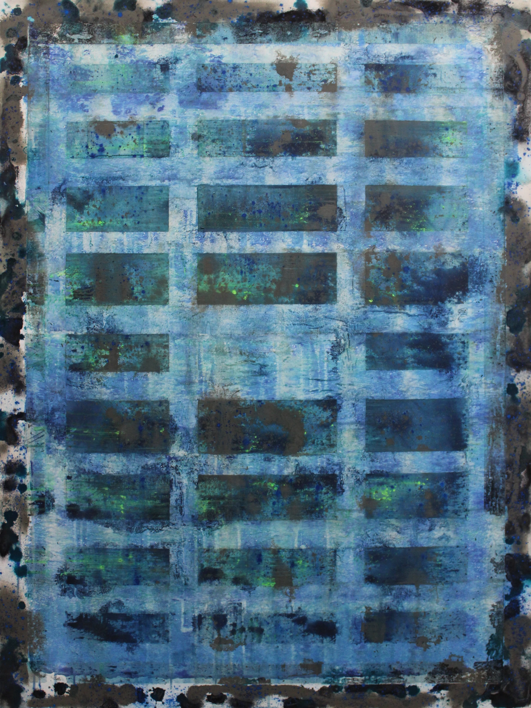Selection, a portrait canvas of layered blue and turquoise textures with a grid of dark rectangular forms, green accents and a mottled painted border.