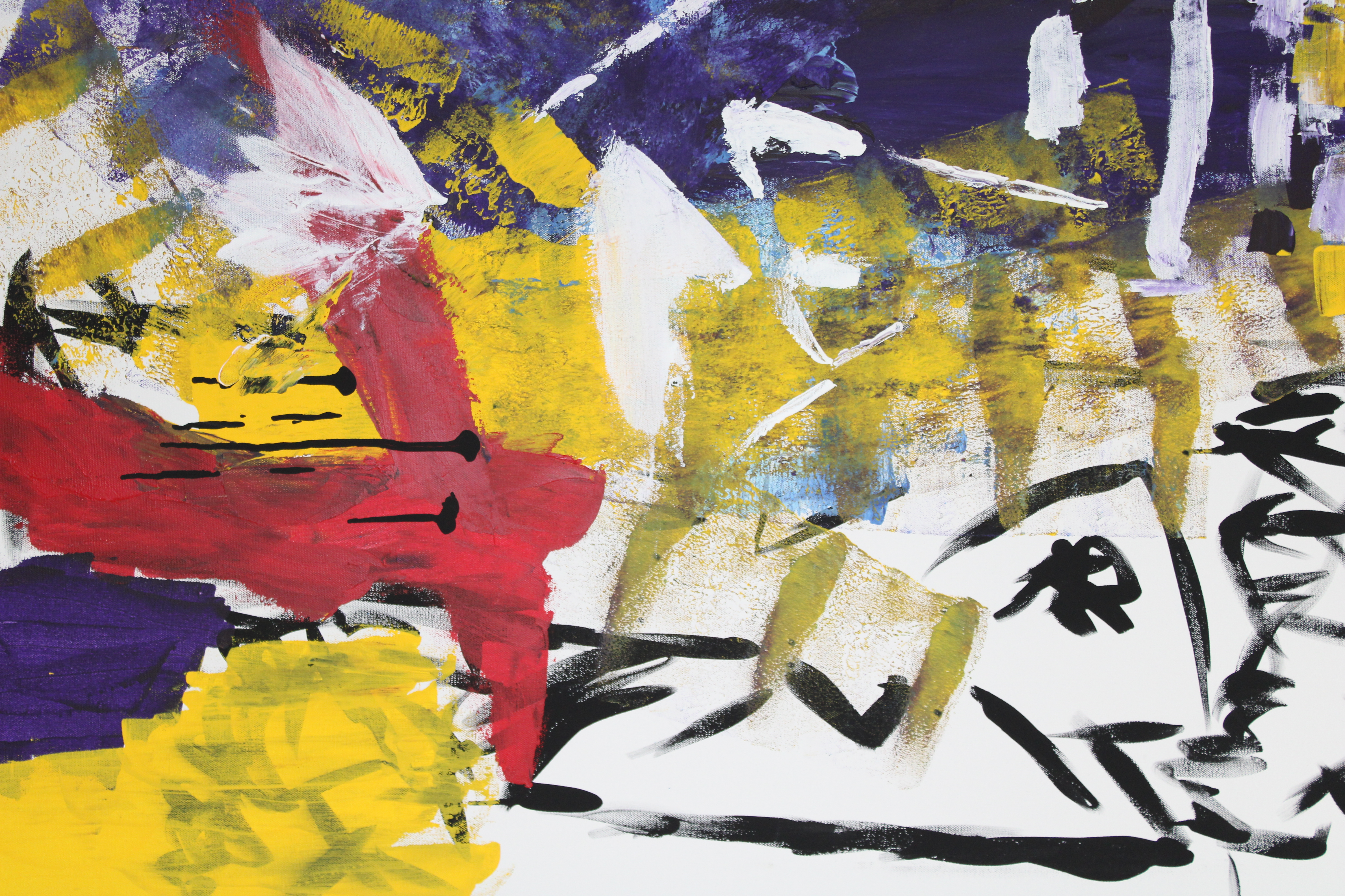 Close-up detail of Jab Jab showing yellow and purple layers, expressive black marks on white, and a red passage with black drips.