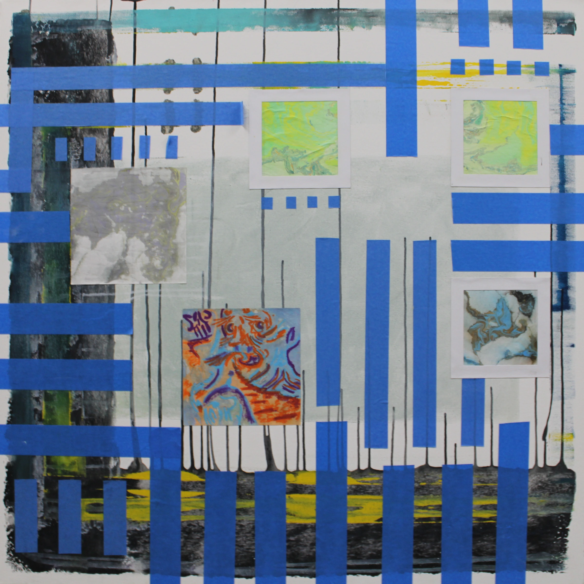 Session Layer, a square artwork with bold blue strips, black paint drips, turquoise and yellow bands, and small layered images on a pale ground.
