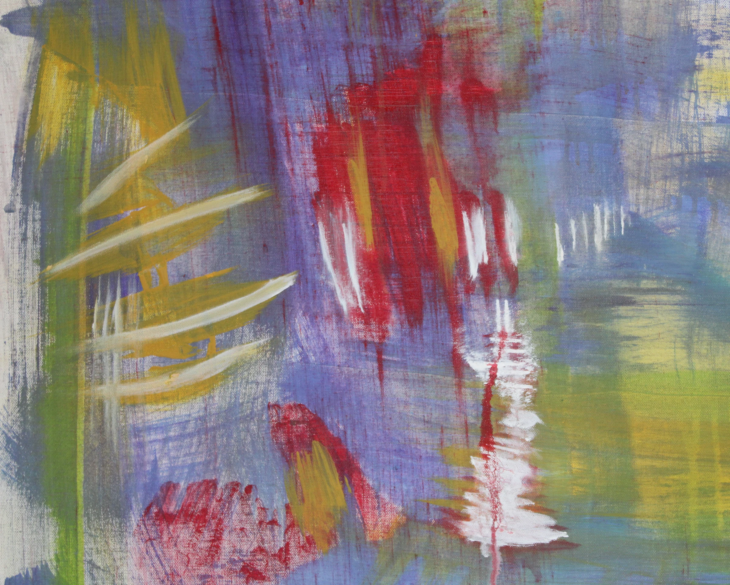 Close-up detail of Shaman showing layered red, lavender, blue, yellow and green brushstrokes, white marks and canvas texture.