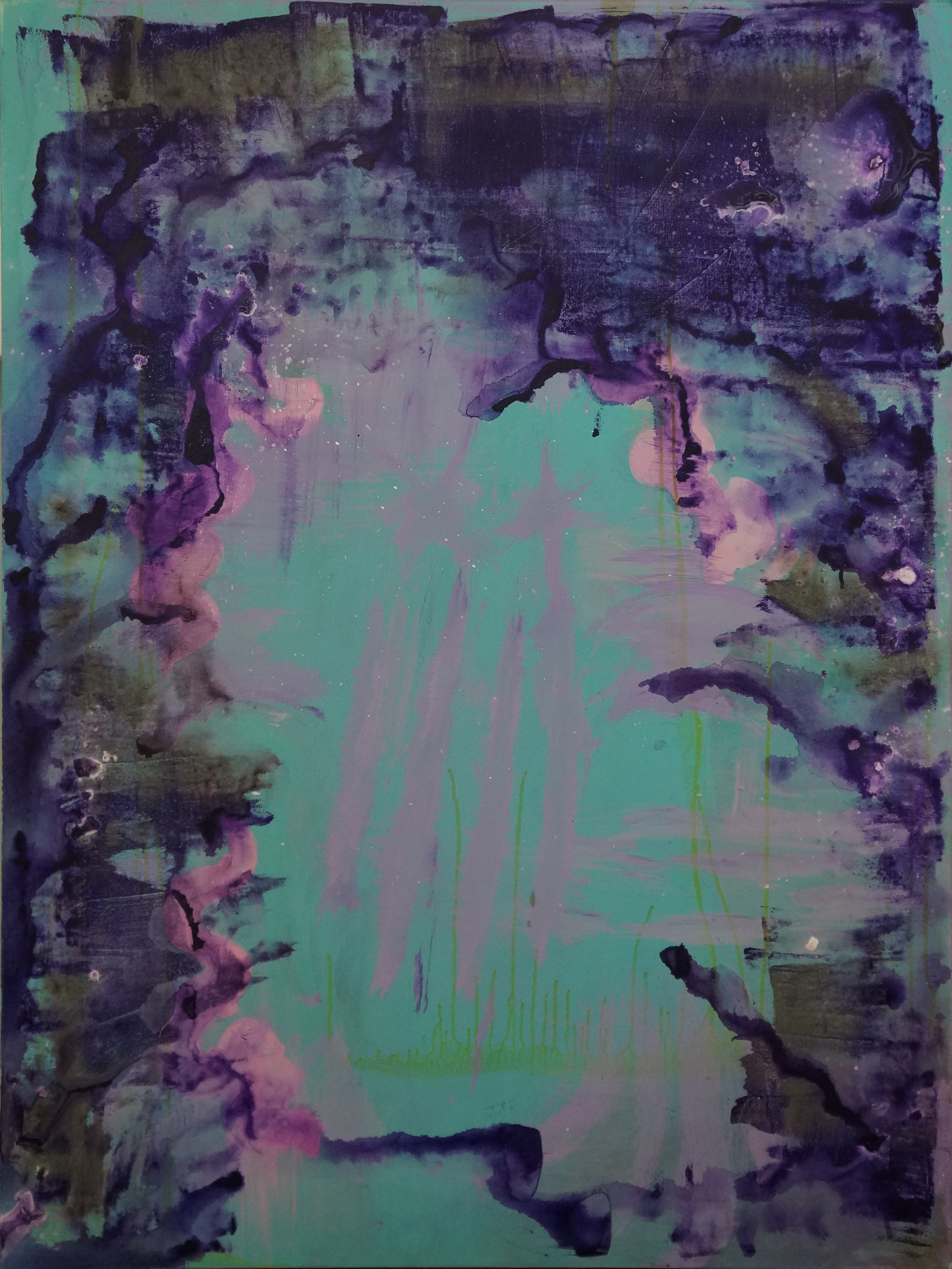 Purple Mint, an abstract portrait canvas with deep purple and lavender forms surrounding a mint-green field, layered textures and fine vertical green drips.