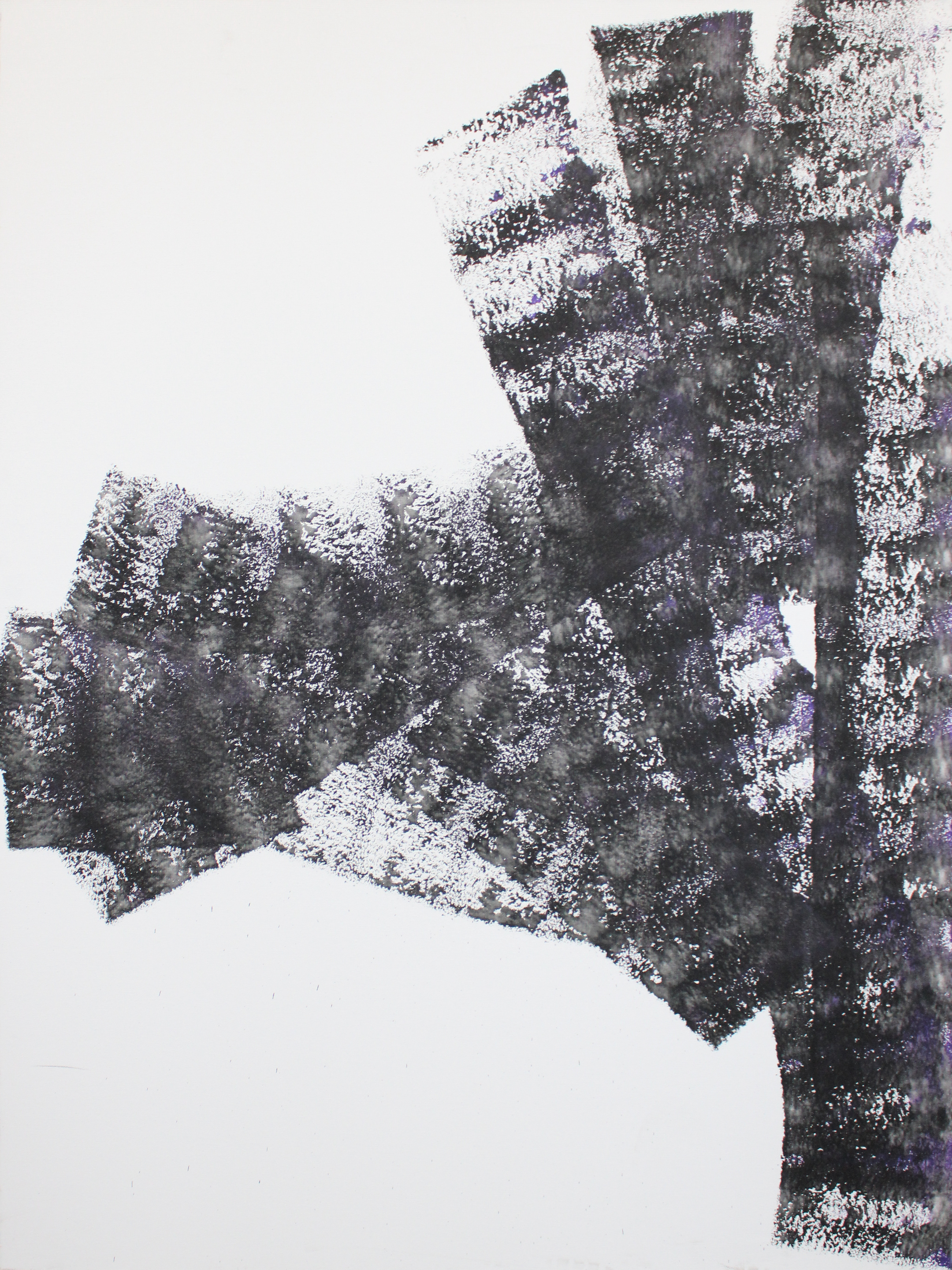 Abstraction, a portrait canvas with textured black and charcoal forms extending from the right across a white field, with subtle purple accents.