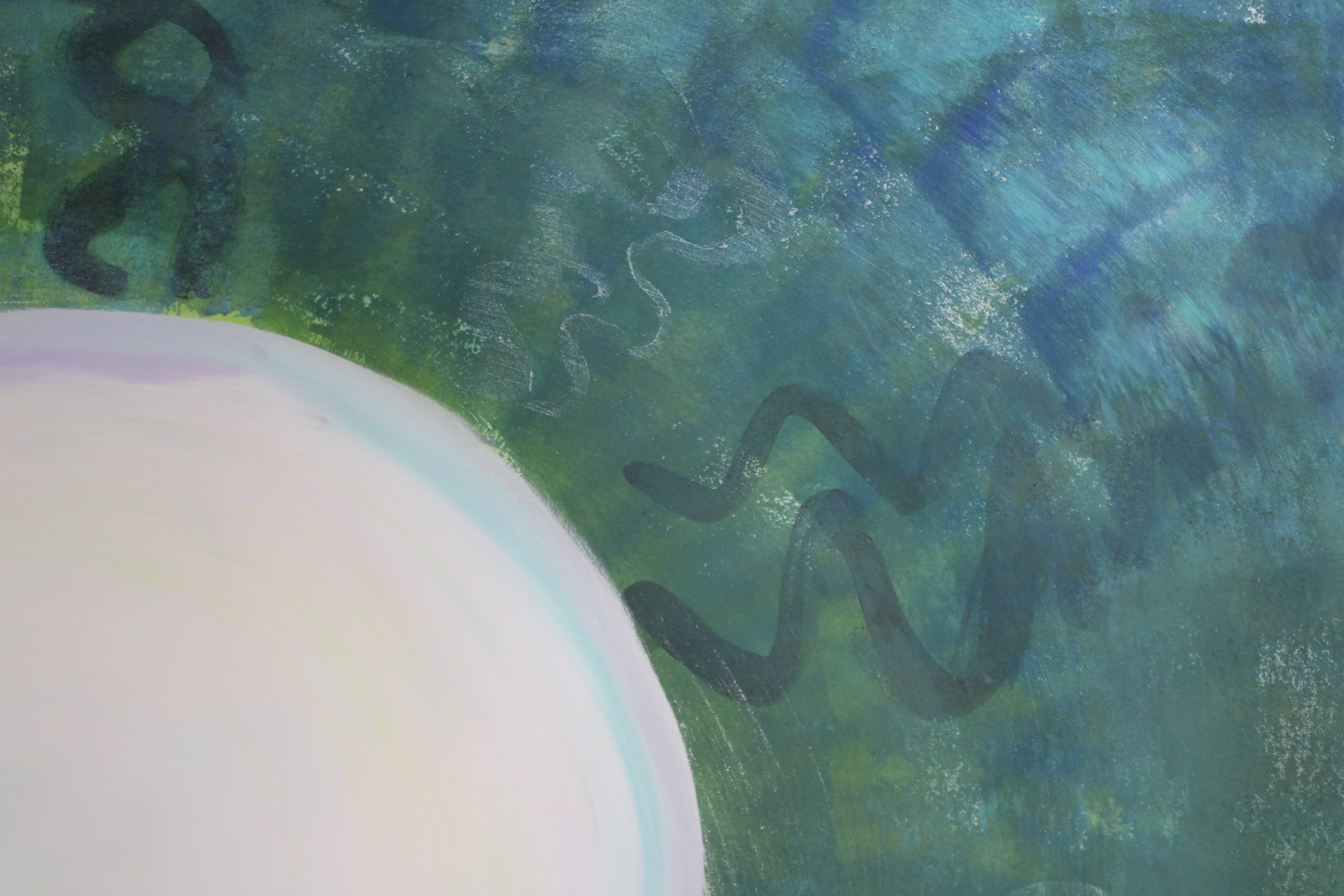 Close-up detail of Zeitgeist showing layered turquoise and blue textures, a dark winding mark, fine pale lines, and the upper-left edge of the circular form.