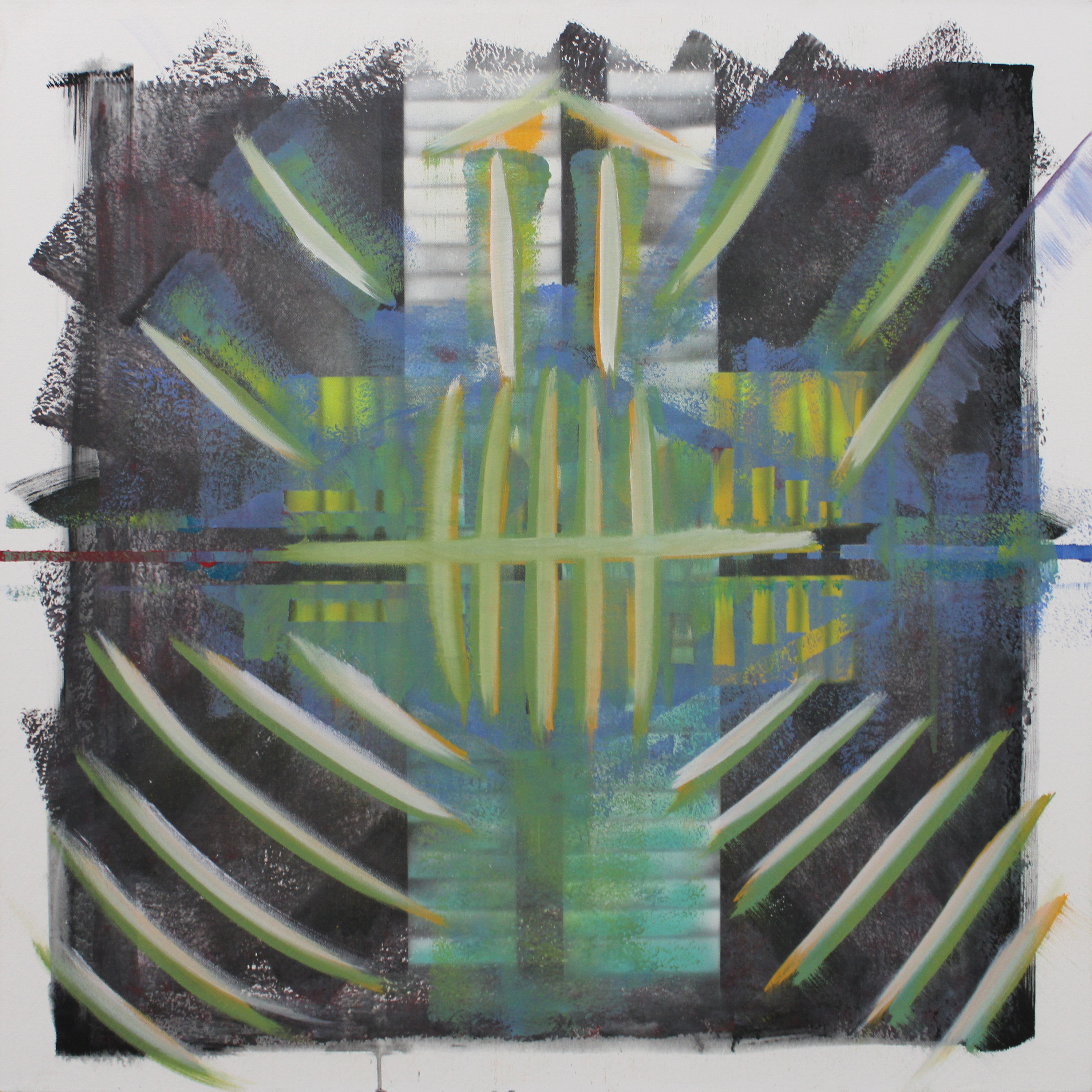 POP OUT, a square canvas with elongated cream, green and yellow brushstrokes, layered blue and green central forms, dark textured areas, and white margins.