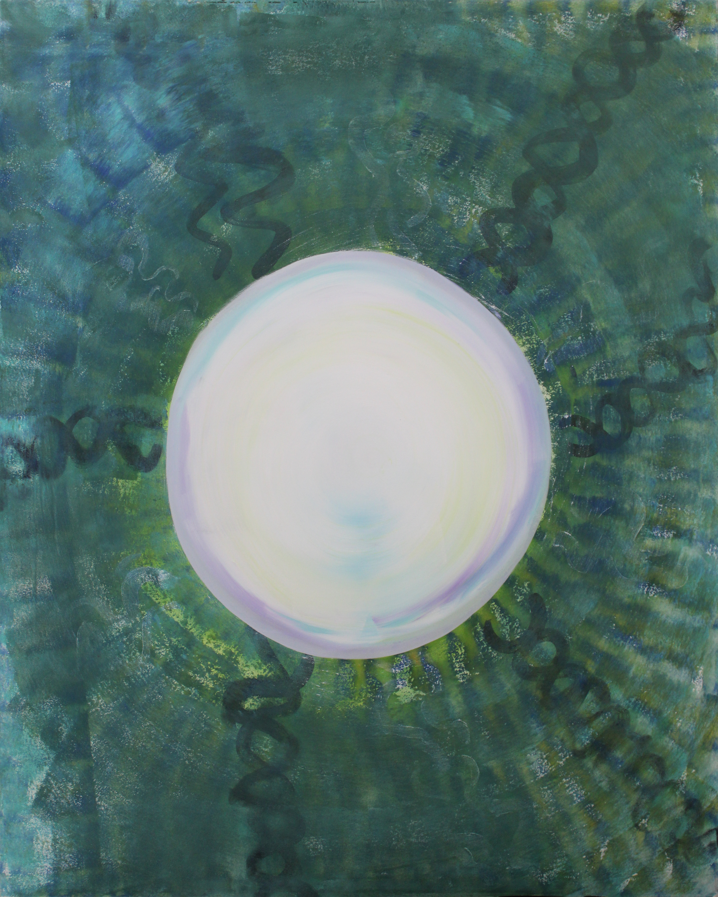 Zeitgeist, a portrait canvas with a large pale circular form edged in lavender and turquoise, layered green and blue brushwork, and dark winding marks.