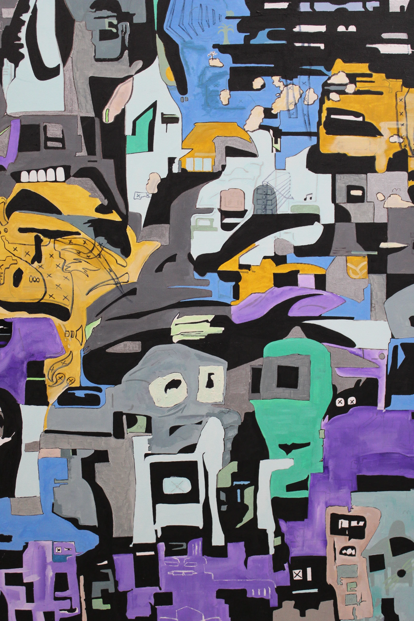 Paranoia, a tightly framed view of interlocking abstract forms in black, gray, blue, yellow, purple and green, with hand-drawn details.
