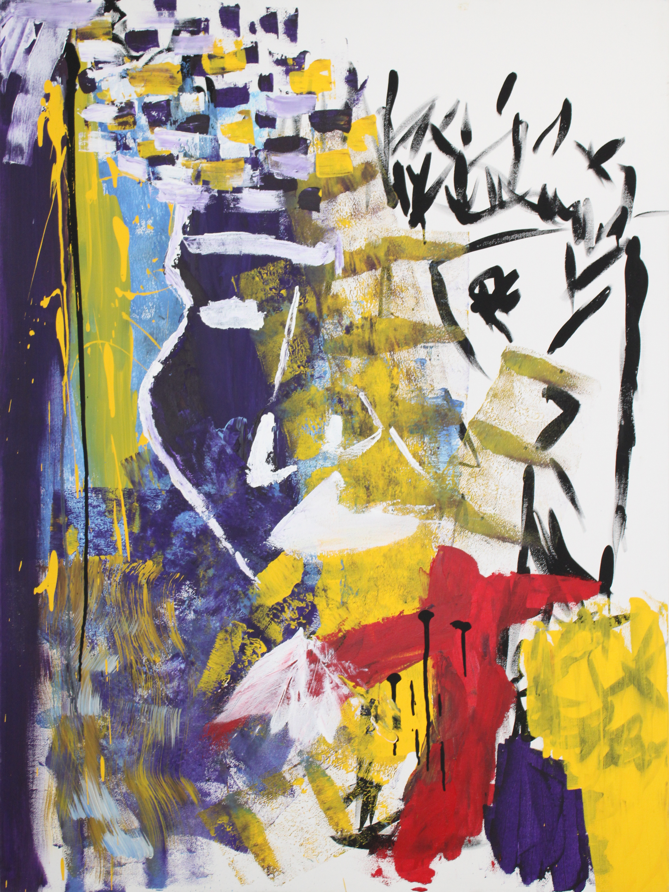 Jab Jab, a portrait canvas with purple and blue layers, yellow and lavender strokes, expressive black marks on white, and a red passage with black drips.