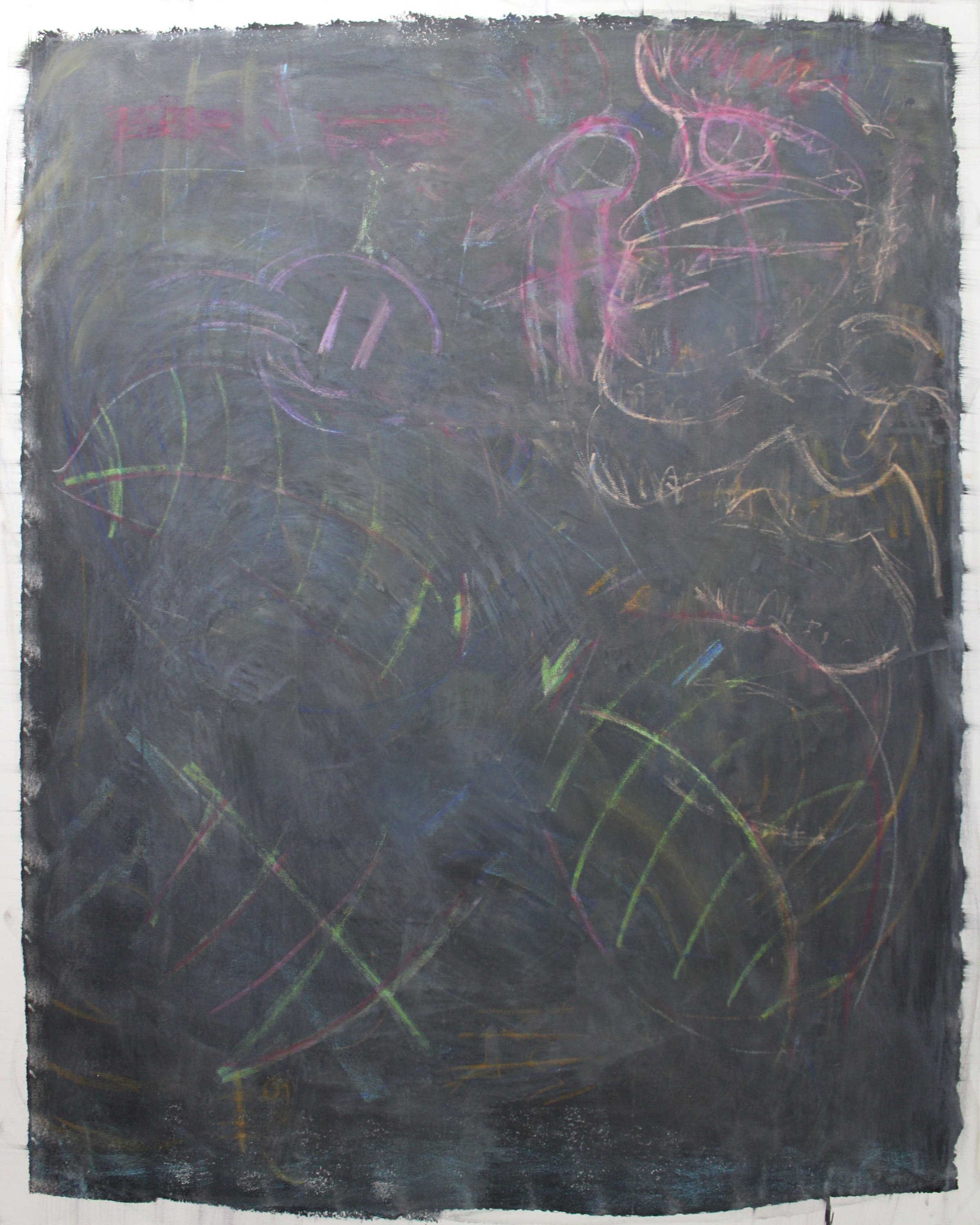 Jailbreak, a portrait canvas with a charcoal-gray painted field, layered pink, purple, green and yellow linework, abstract faces and a white painted border.