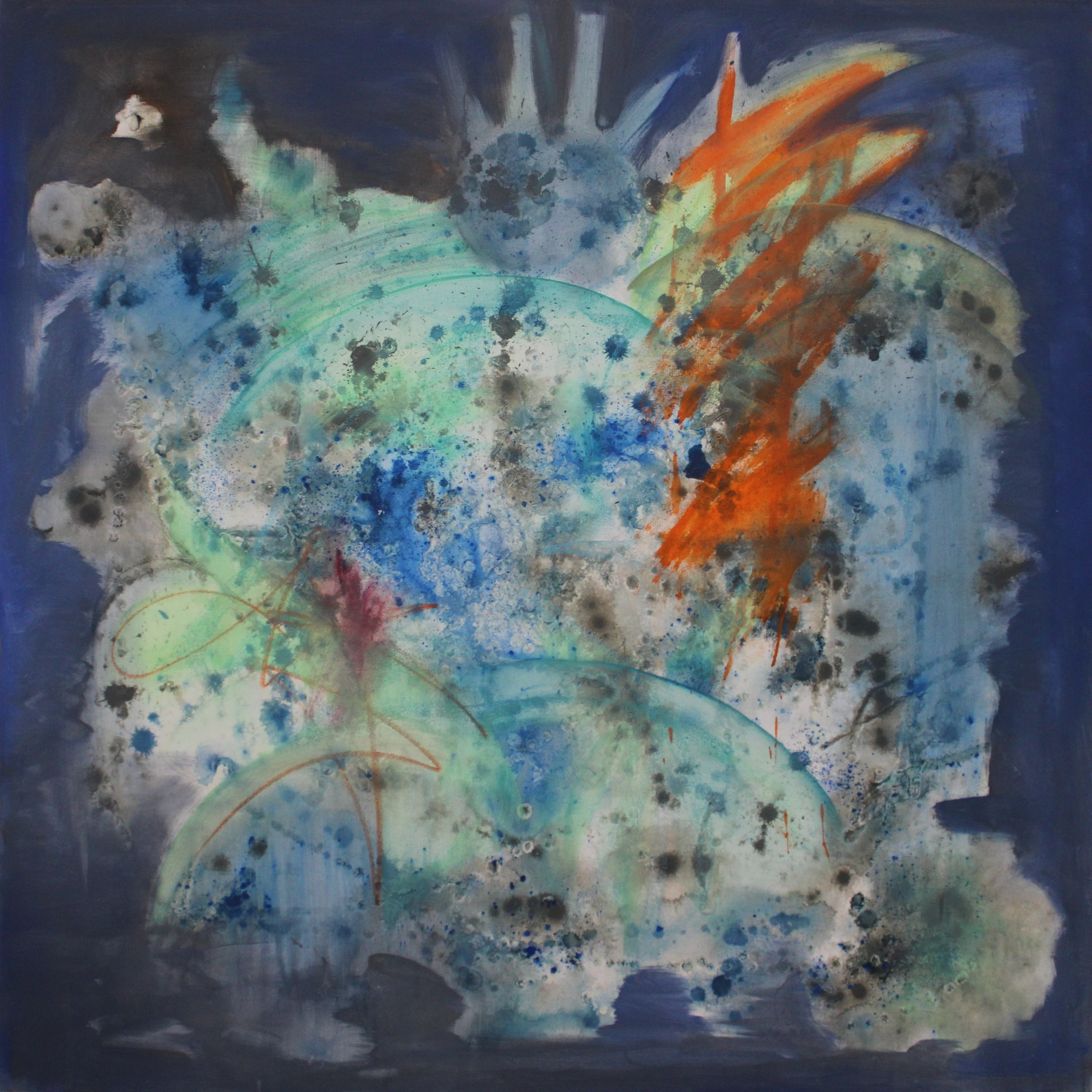 Square abstract canvas with sweeping turquoise and pale blue forms, dark blue speckles, and orange strokes against a deep blue background.