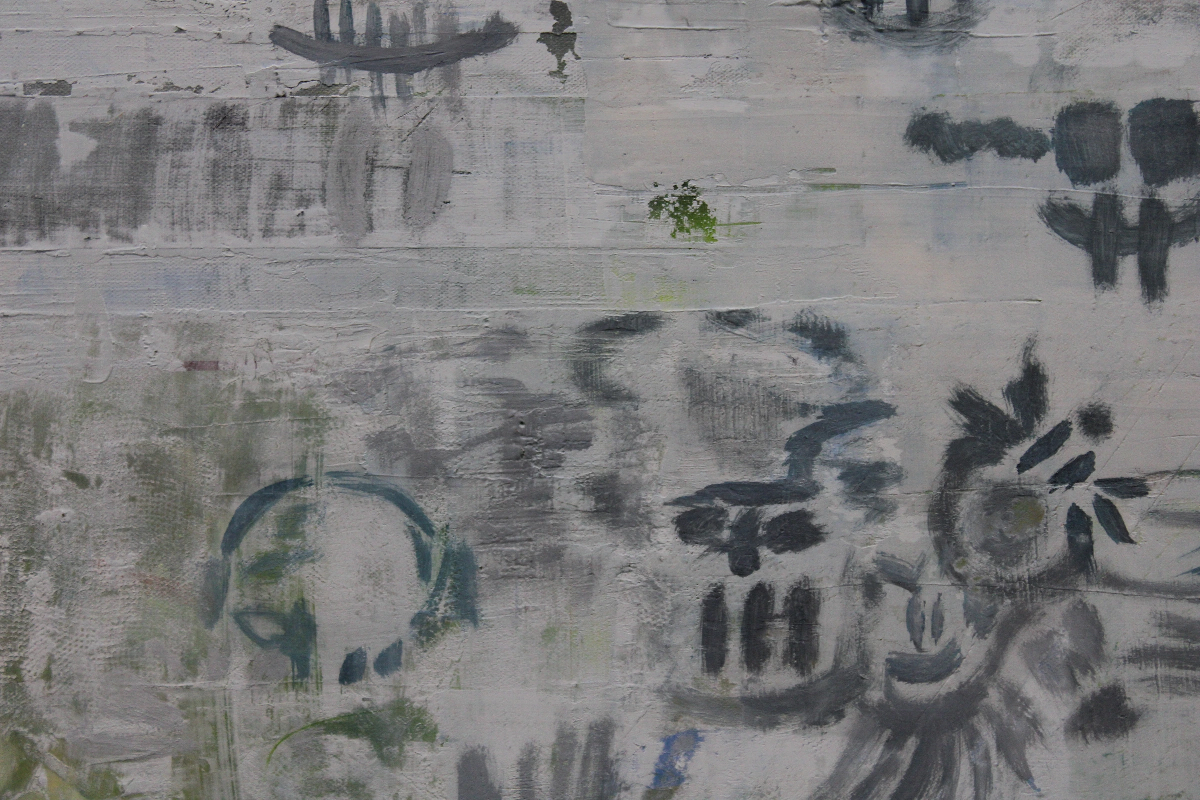 Lower left detail of Anthropomorphic, showing green traces, curved blue marks and raised pale textures.