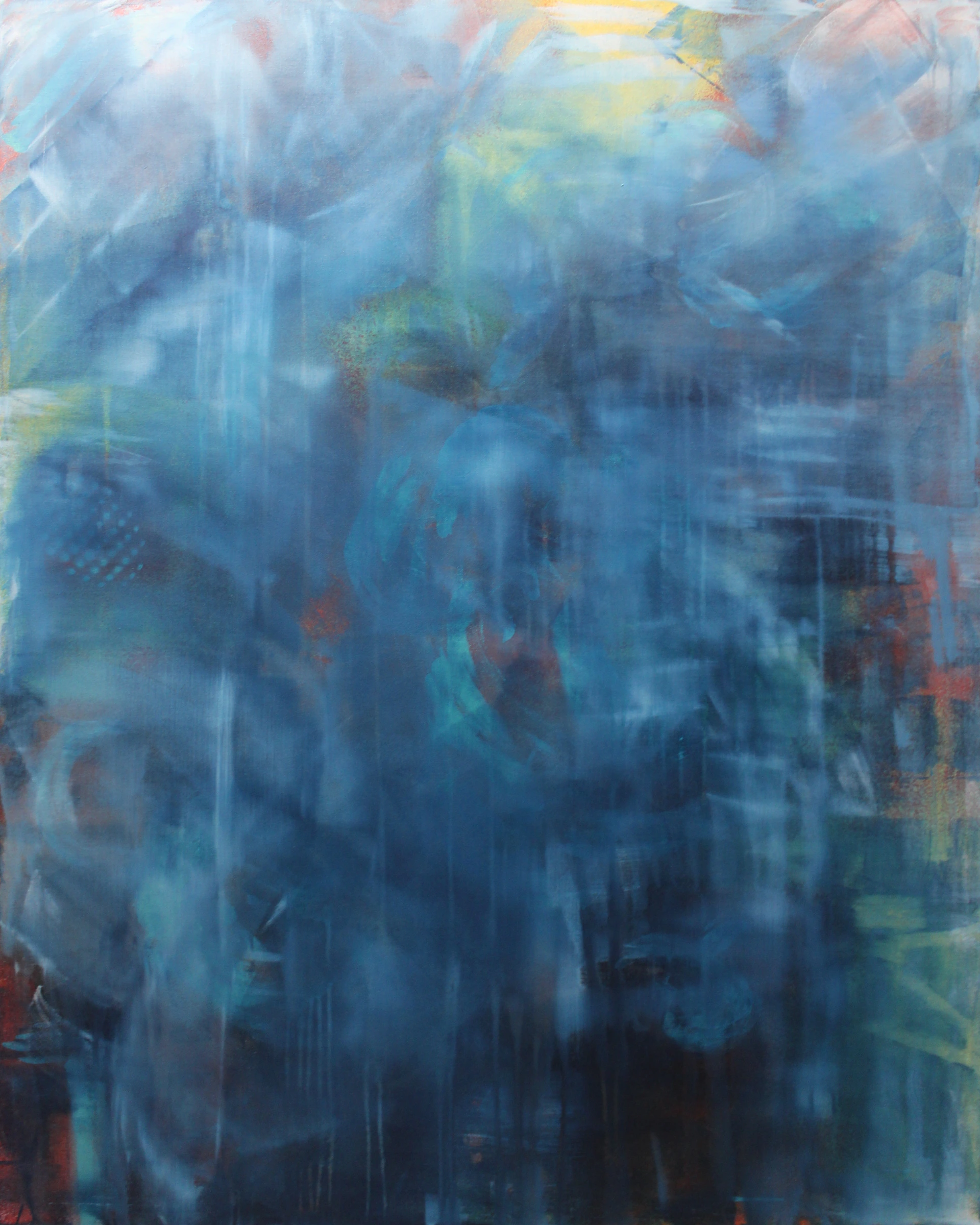 GRIOT, a portrait canvas with layered blue and turquoise paint, translucent vertical and sweeping marks, and subtle yellow and red accents.