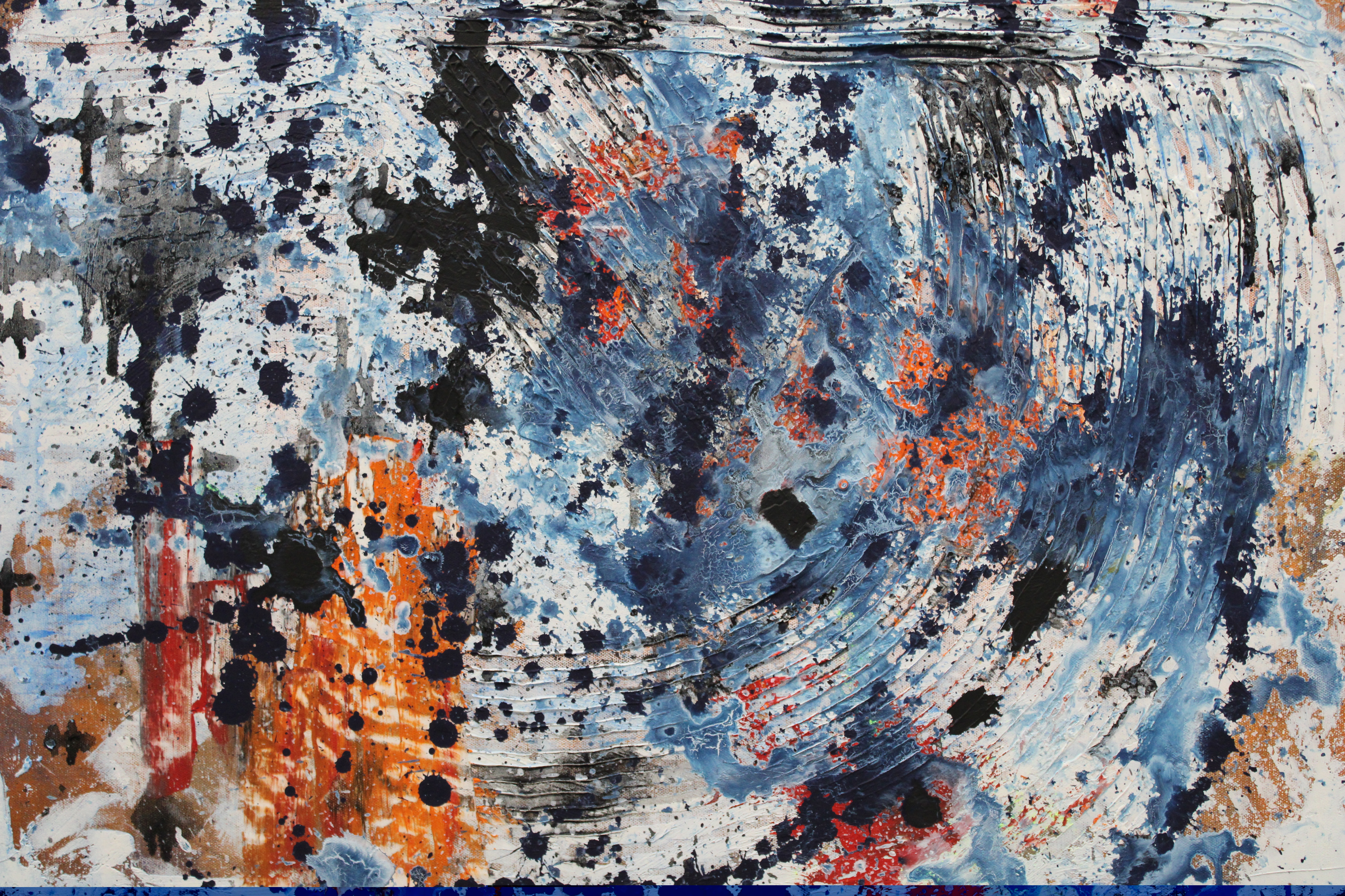 Close-up detail of Scatterbrained showing textured blue and white sweeping grooves, dark splatters and gestural marks, and orange and red accents.