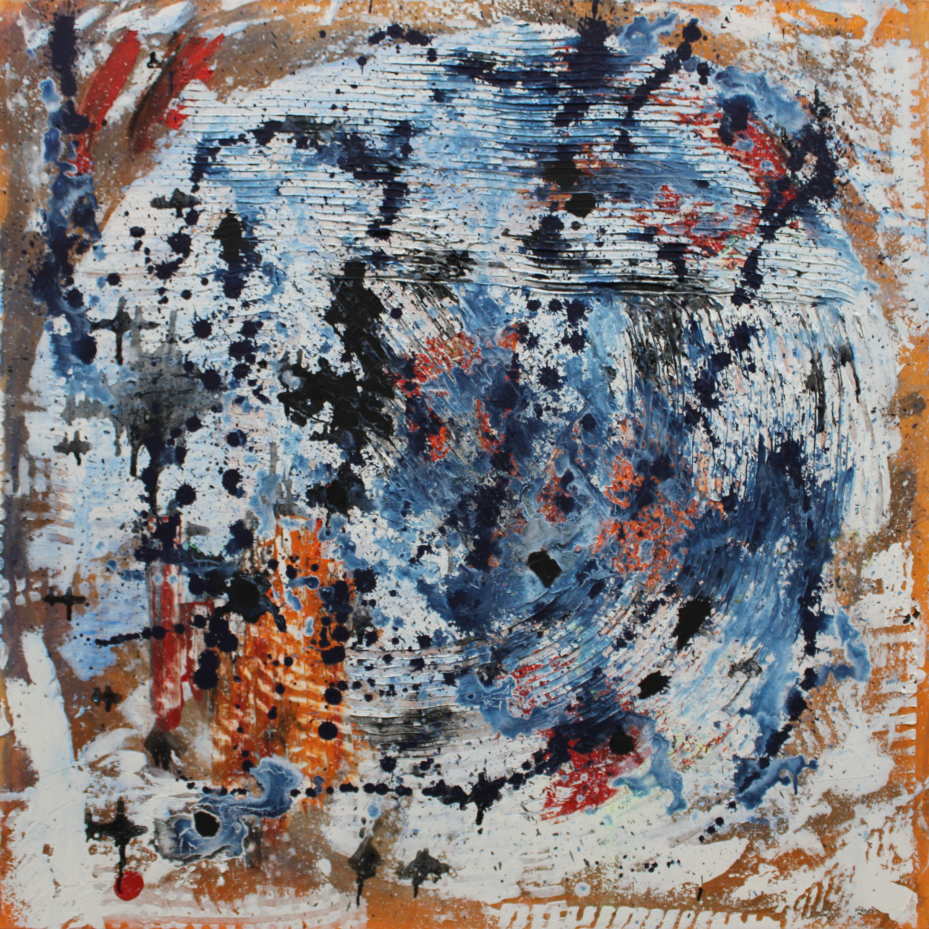 Scatterbrained, a square canvas with sweeping textured blue and white forms, black and navy splatters, orange areas around the perimeter, and red accents.