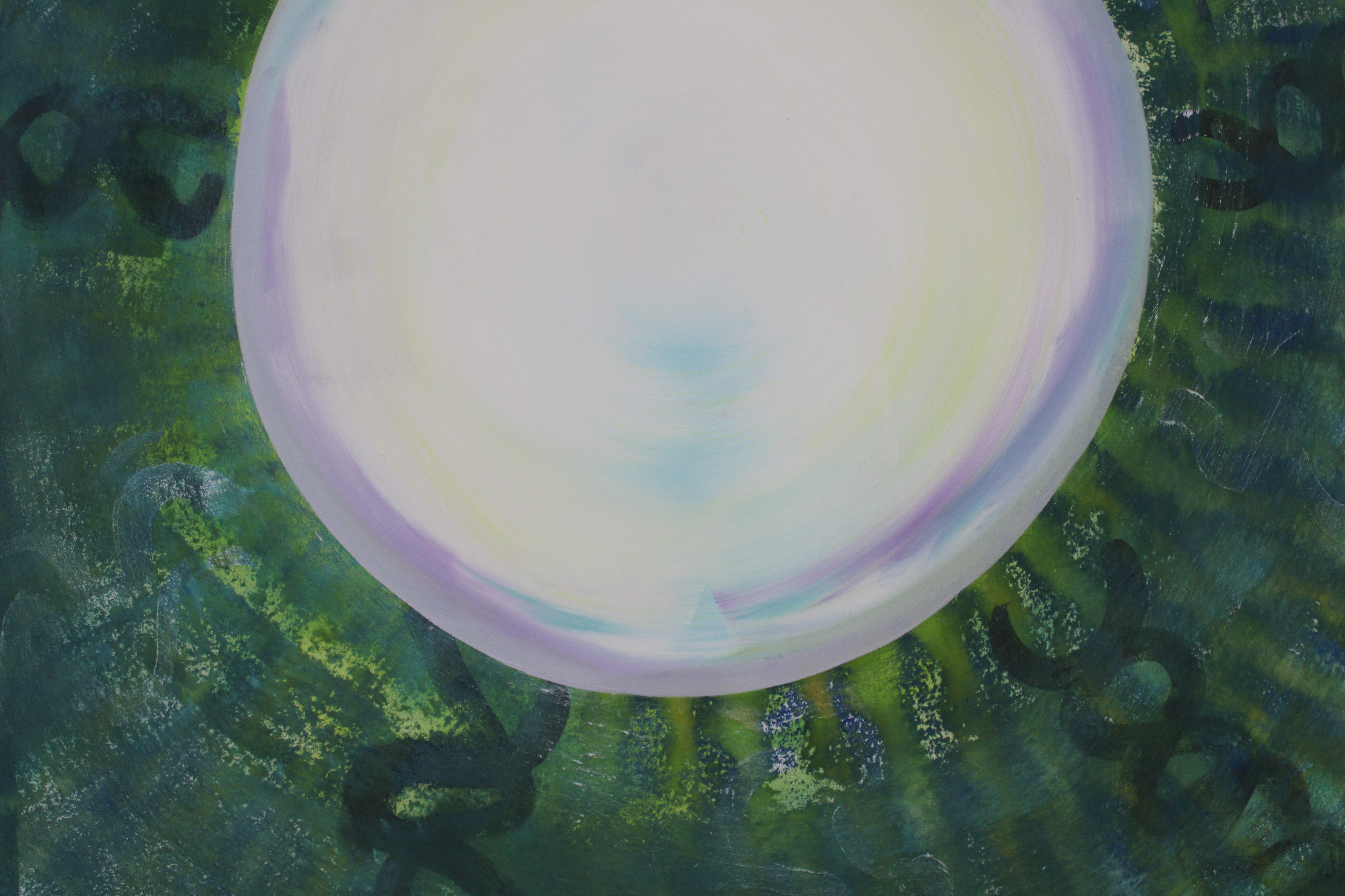 Close-up detail of Zeitgeist showing the lower portion of the pale circle with lavender and turquoise bands, green textures, and dark curving marks.