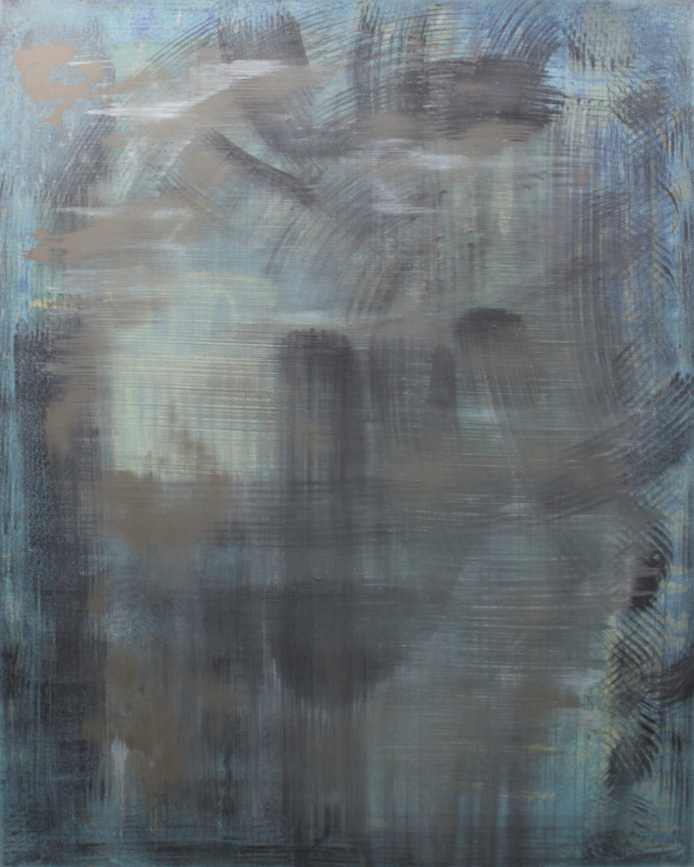 Smoke & Mirrors, a portrait canvas with layered charcoal-gray and pale blue brushwork, broad curved strokes, fine crosshatched texture and muted beige passages.