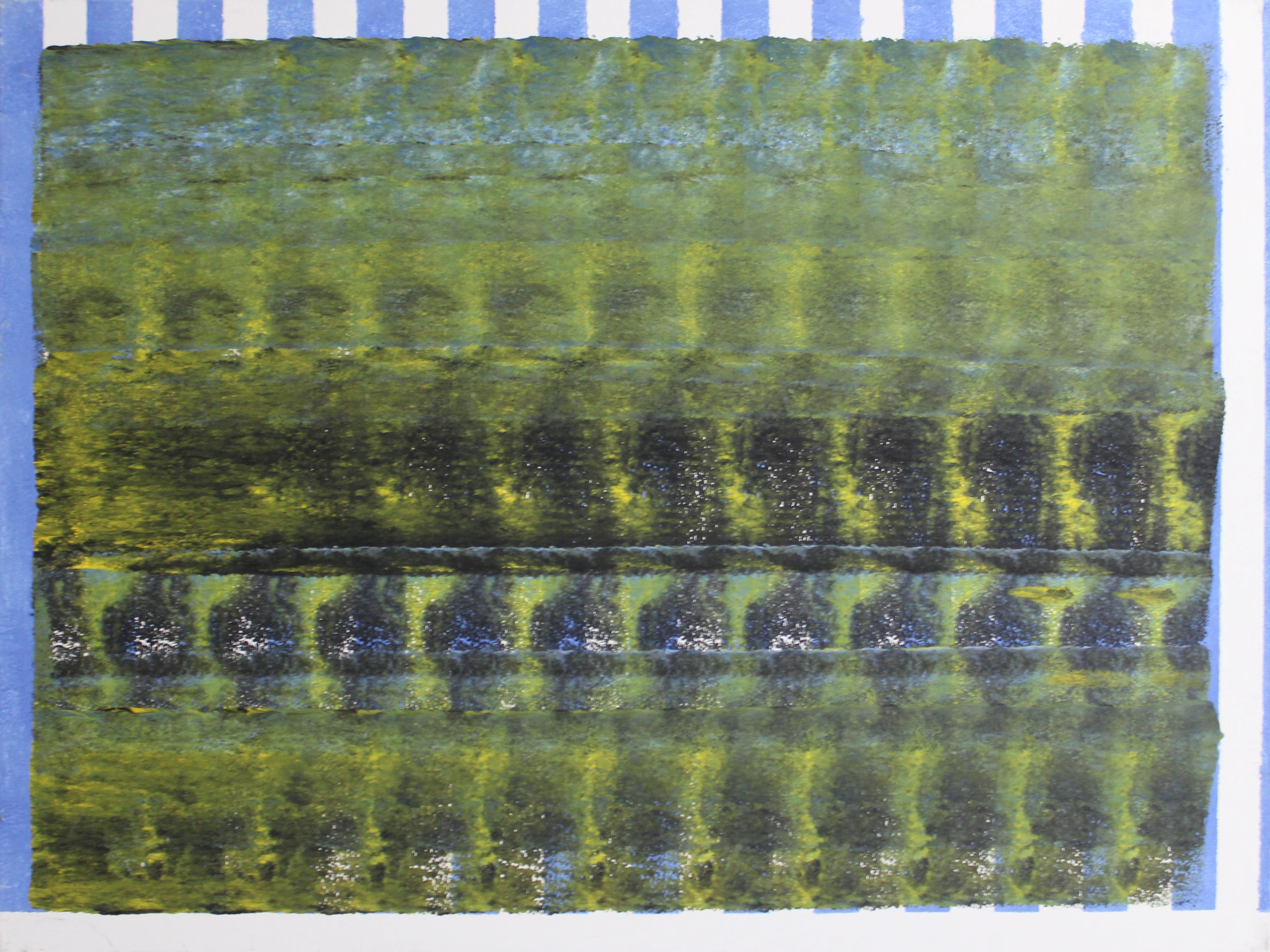 Bumblebee, a landscape canvas with layered yellow-green and charcoal bands, blue textures, and a blue-and-white painted border.