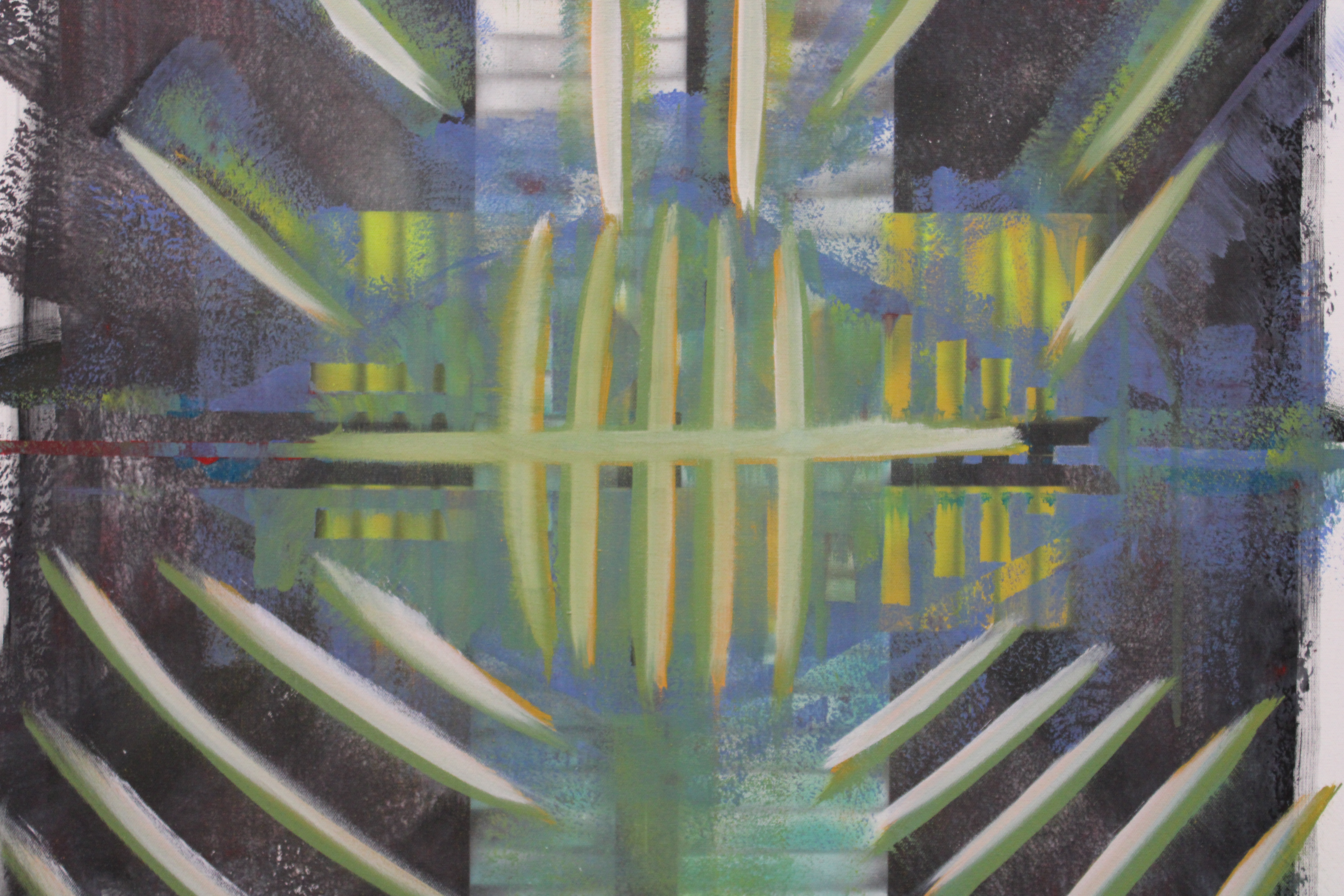 Close-up detail of POP OUT showing pale green, cream and yellow elongated brushstrokes over layered green and blue forms, a central horizontal mark, and dark textured areas.