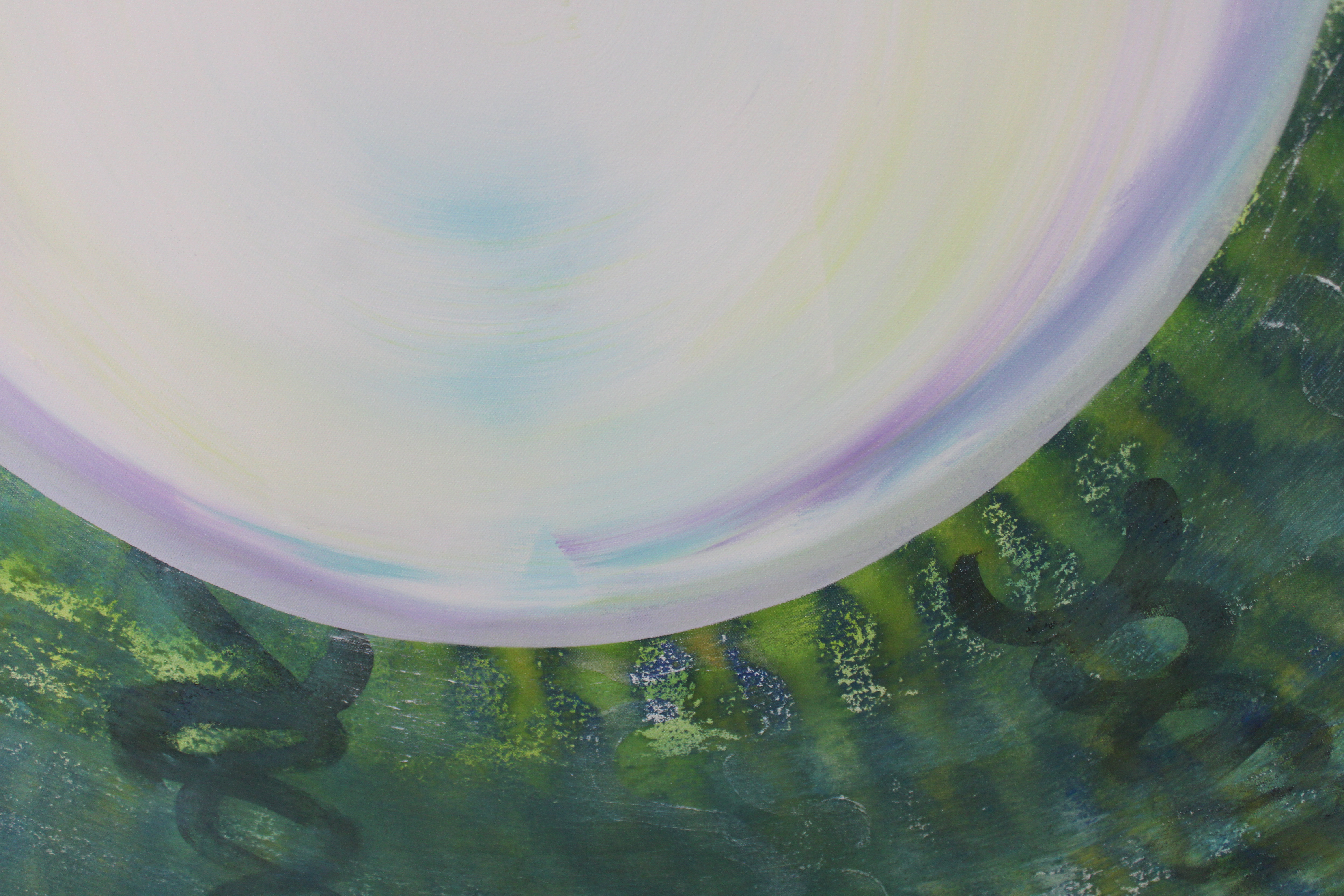 Close-up detail of Zeitgeist showing pale circular brushwork with yellow, lavender and turquoise bands above a textured green field and dark curved marks.