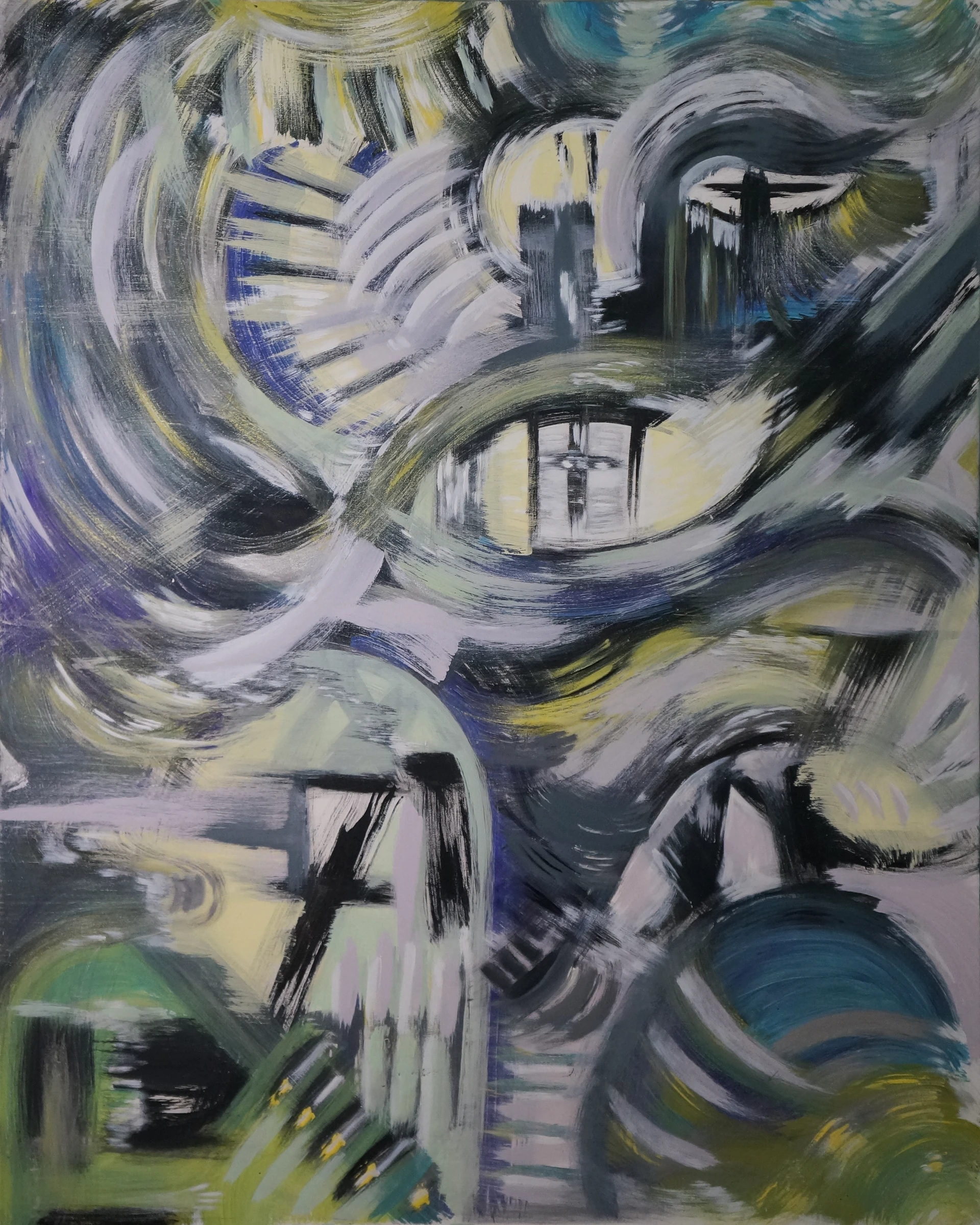 AS ABOVE / SO BELOW, an abstract portrait canvas with sweeping black, gray and pale lavender brushstrokes, arcs of teal and blue, and yellow and green accents.