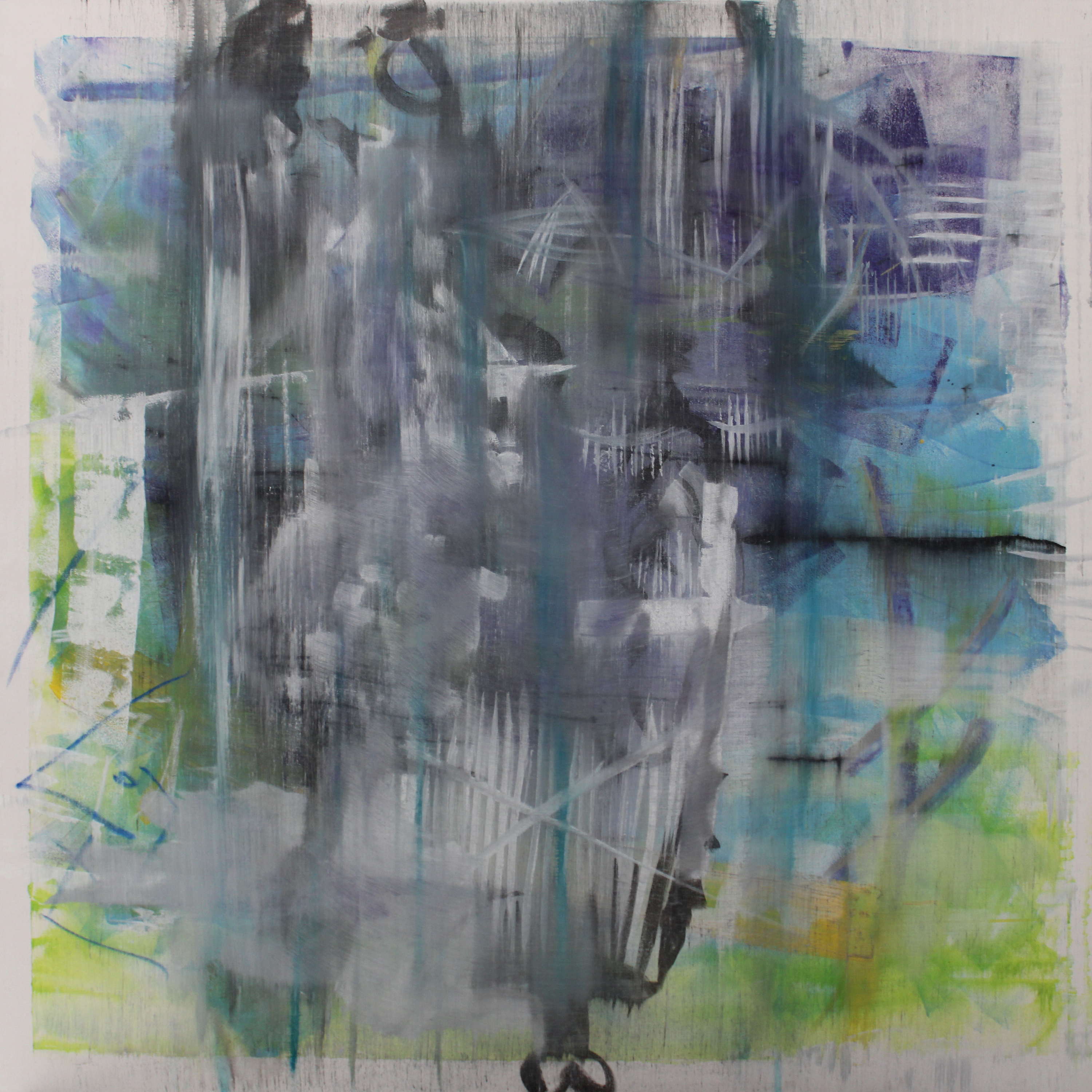 Equilibrium, a square canvas with layered gray and black vertical brushwork, turquoise and purple passages, pale linear marks, and lime green along the lower edges.