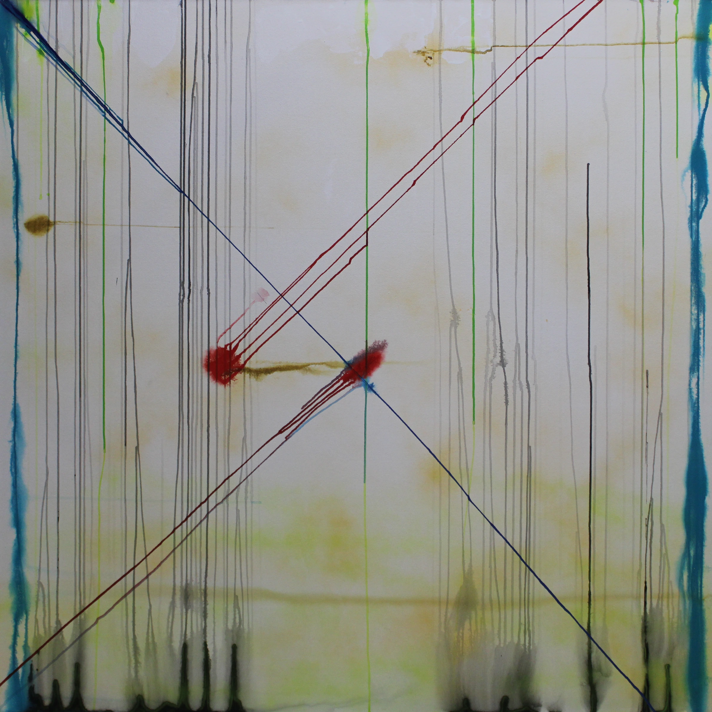 Genesis, a square canvas with fine vertical gray and green drips, intersecting red and blue diagonal lines, and soft yellow washes on a pale ground.