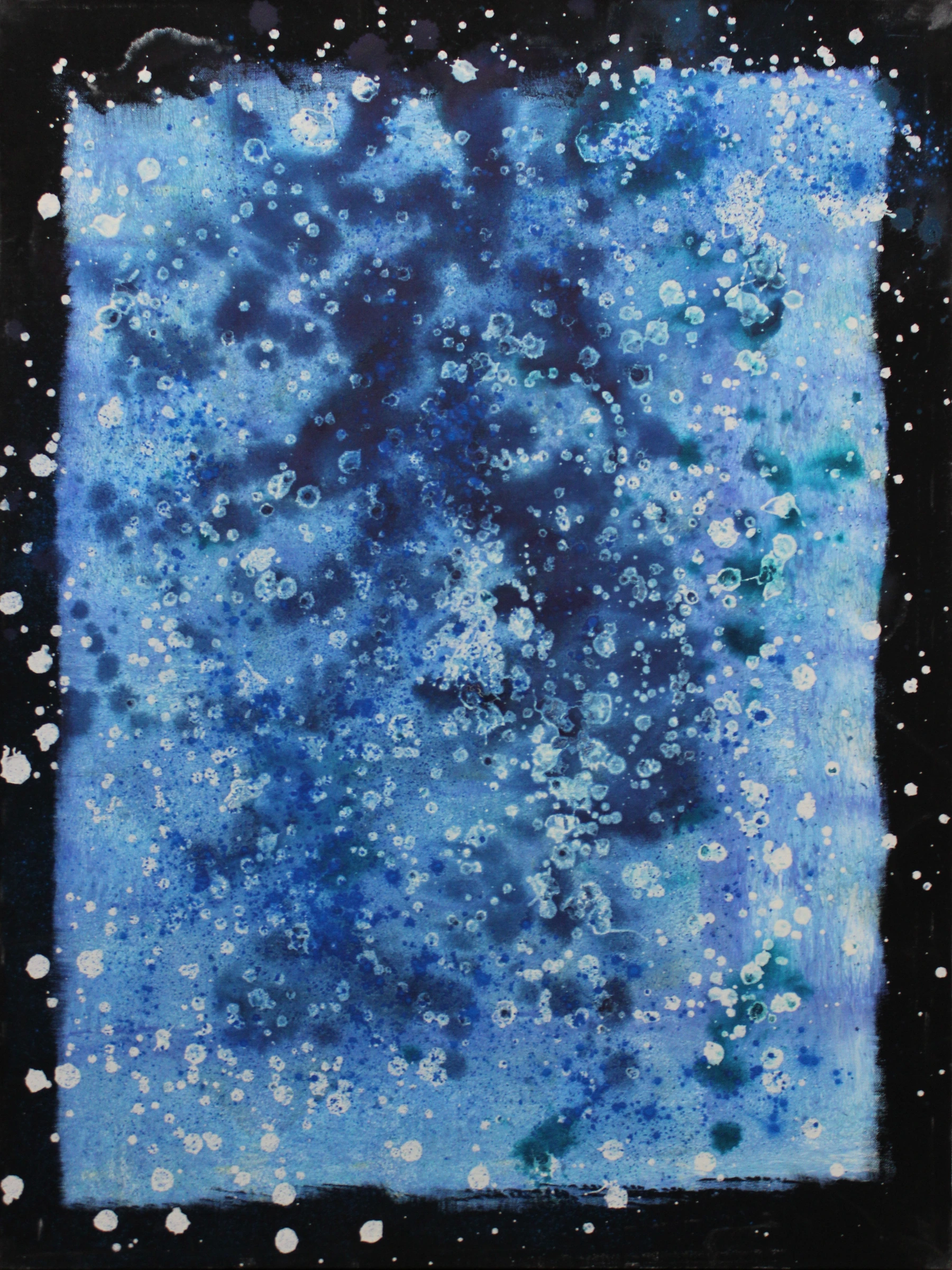 Portrait-format abstract canvas with layered blue and turquoise forms, pale speckles and ring-like marks, and a painted black border.