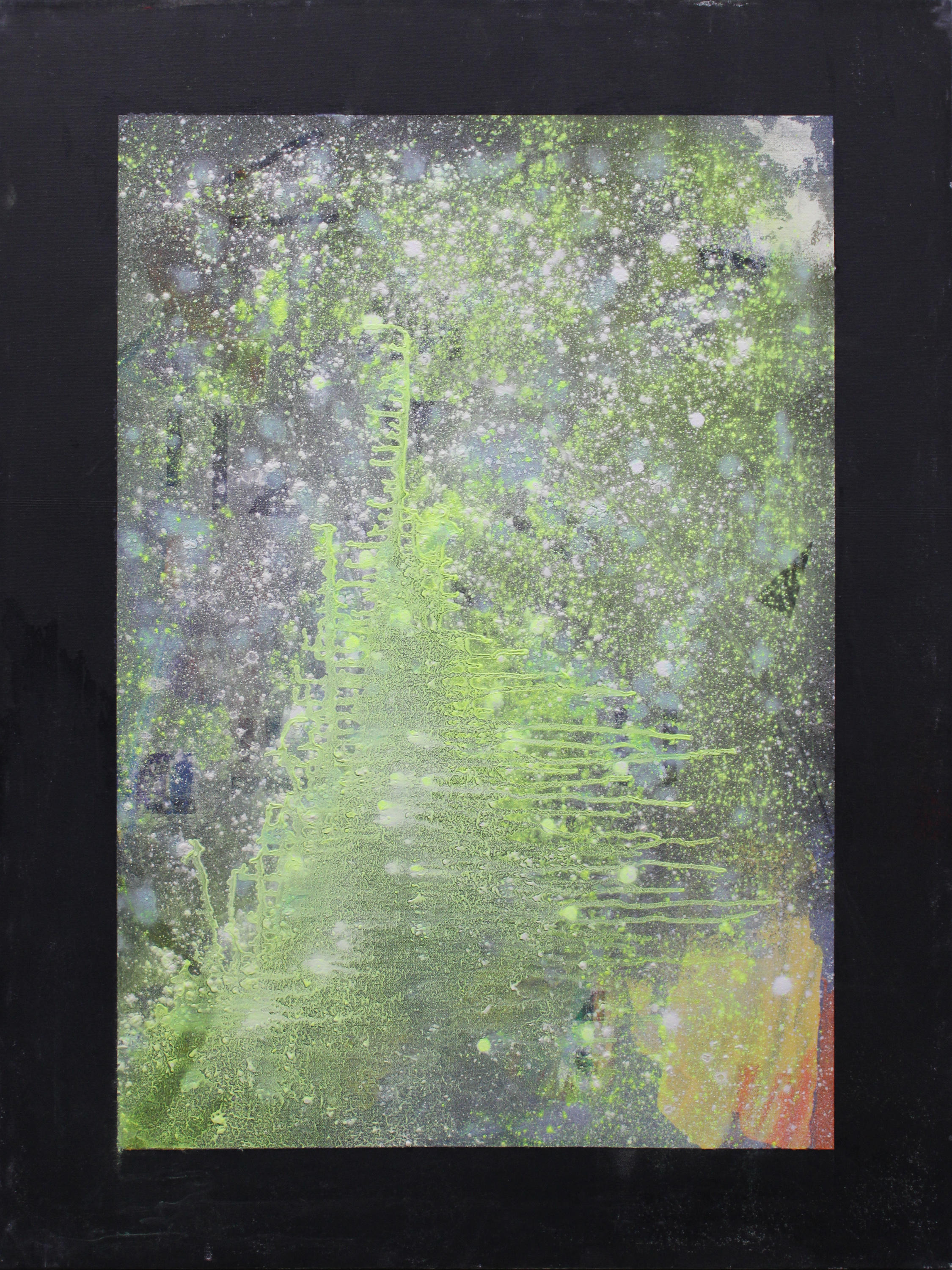 Contact, a portrait canvas with a wide black painted border, lime green branching textures and white speckles over layered gray areas, and an orange accent at the lower right.