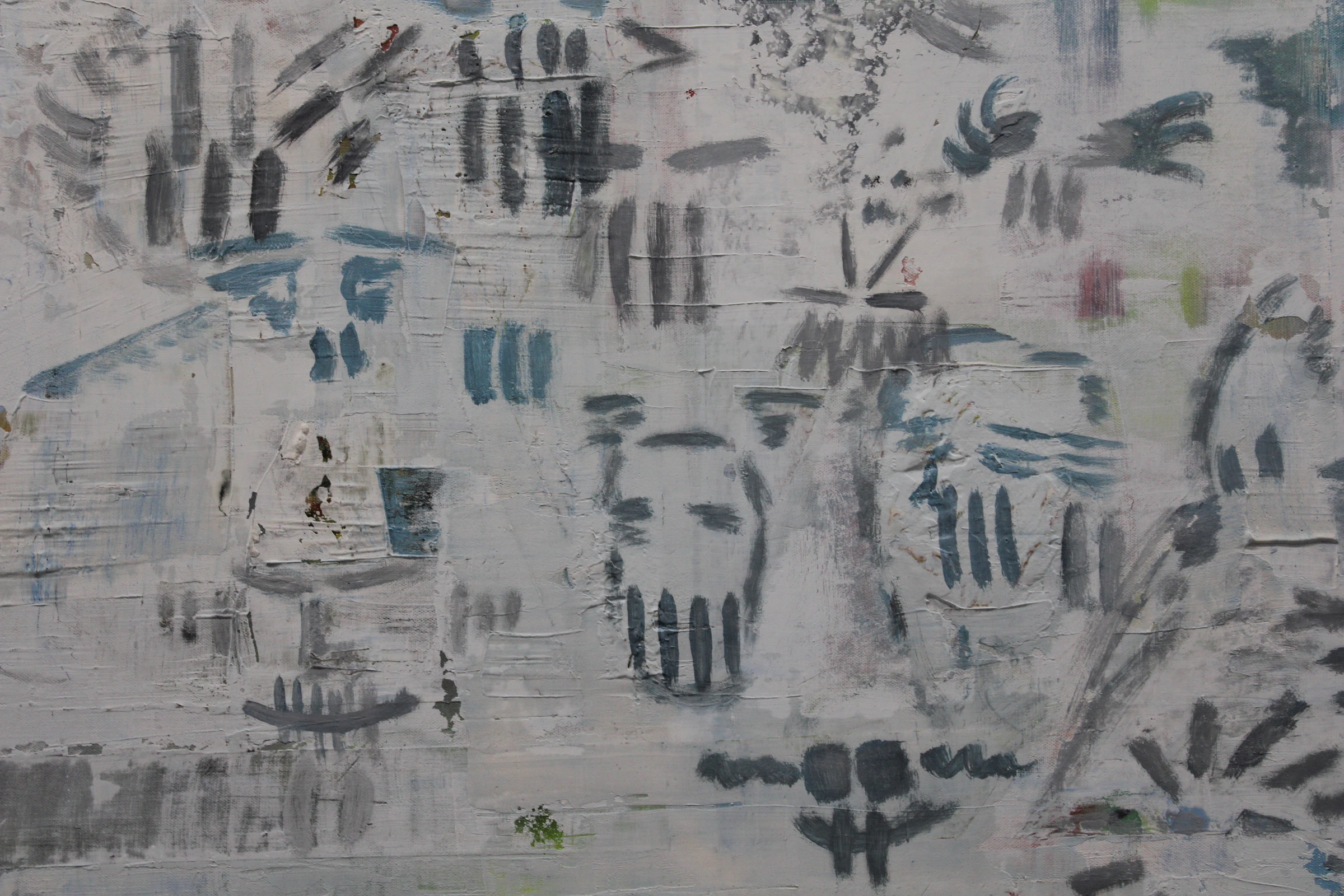 Upper and middle detail of Anthropomorphic, showing blue and charcoal gestures across a textured pale ground.