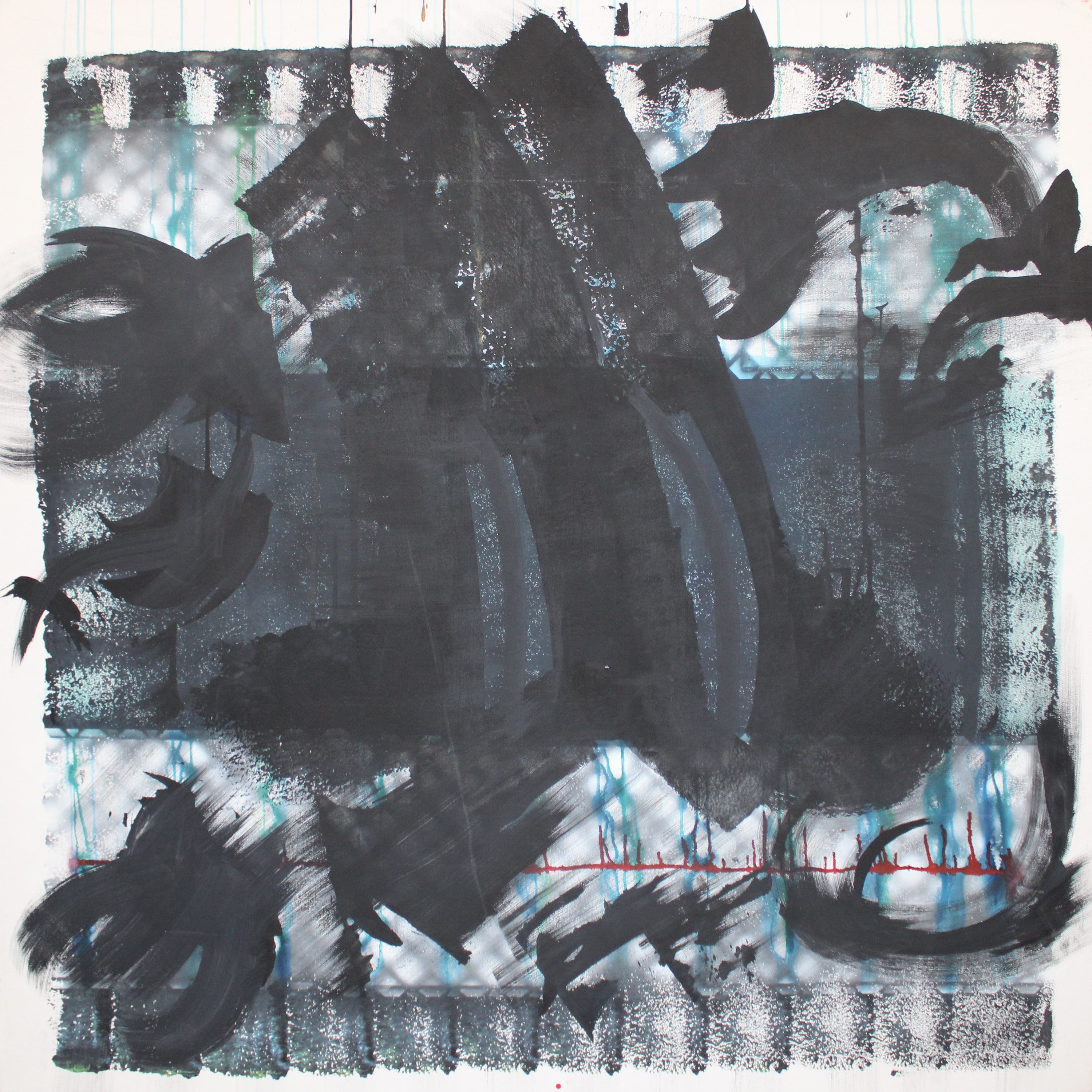Matrix, a square canvas with broad black brushstrokes over turquoise and white layers, fine vertical drips, a red horizontal line and a white painted border.