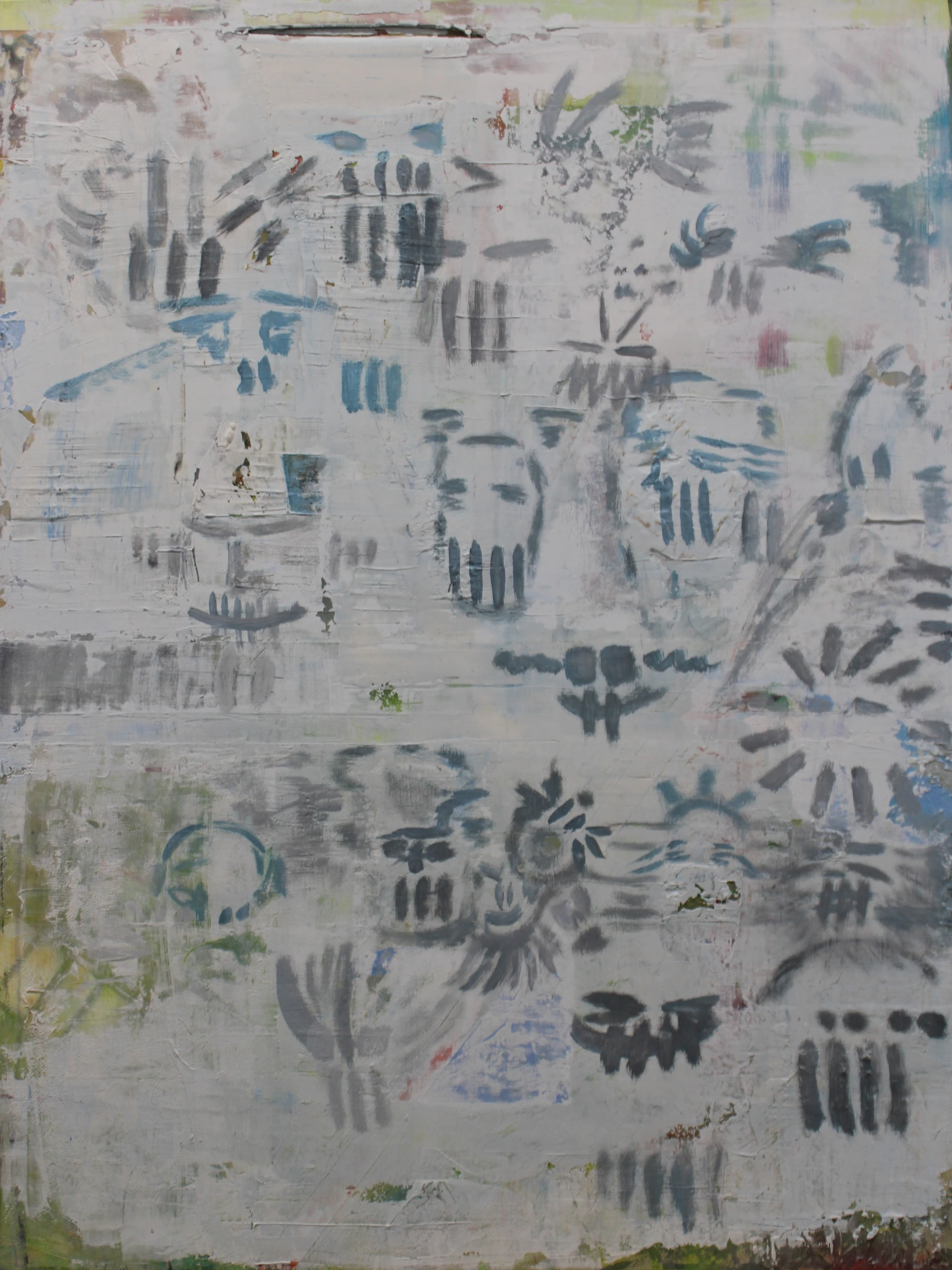 Anthropomorphic, a portrait canvas with layered pale textures, blue and charcoal gestural forms, and subtle green and pink marks.