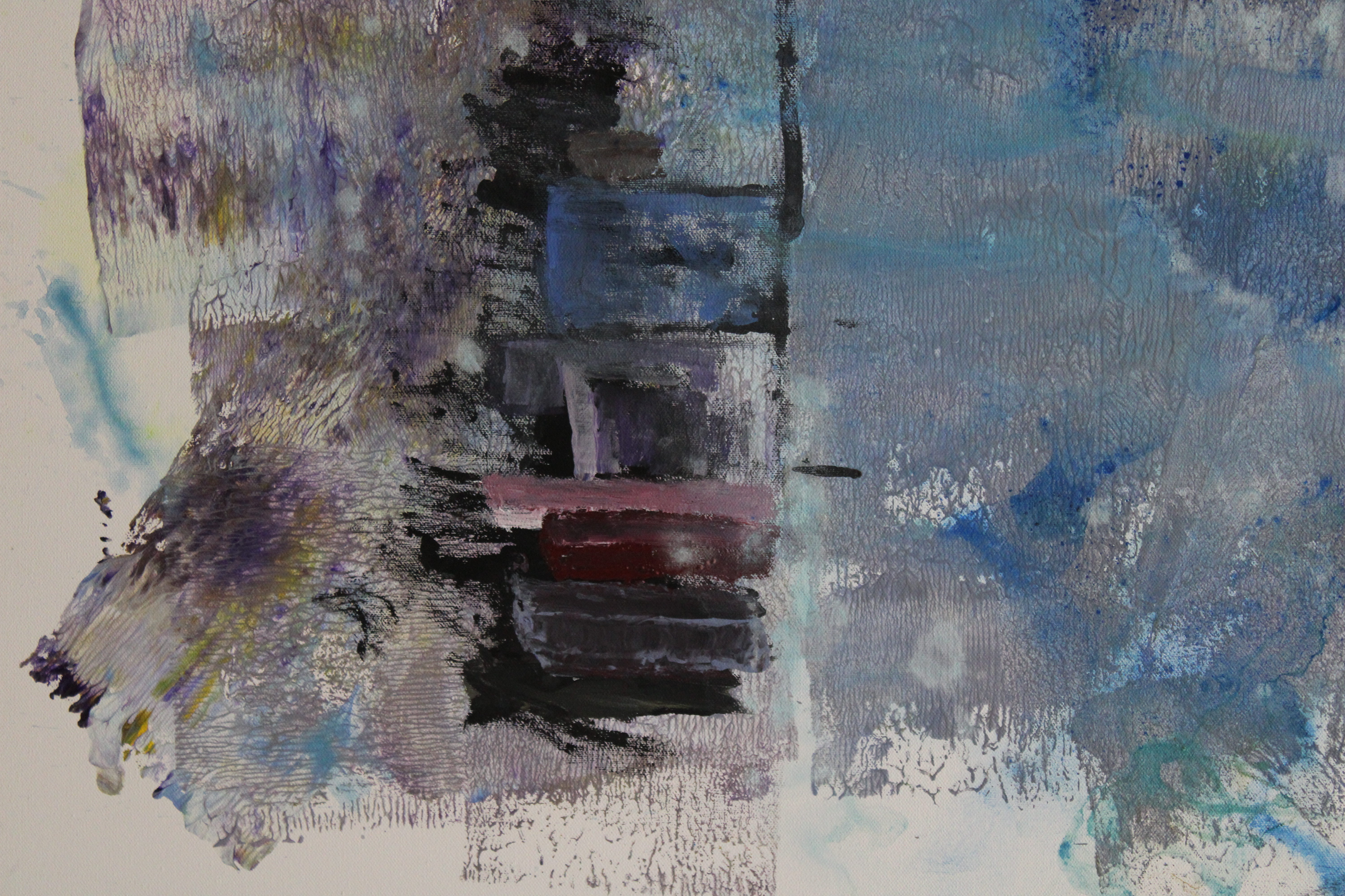 Close-up detail of Horizon showing blue and gray textures above dark vertical forms with blue, purple and rose accents, and layered pale brushwork below.