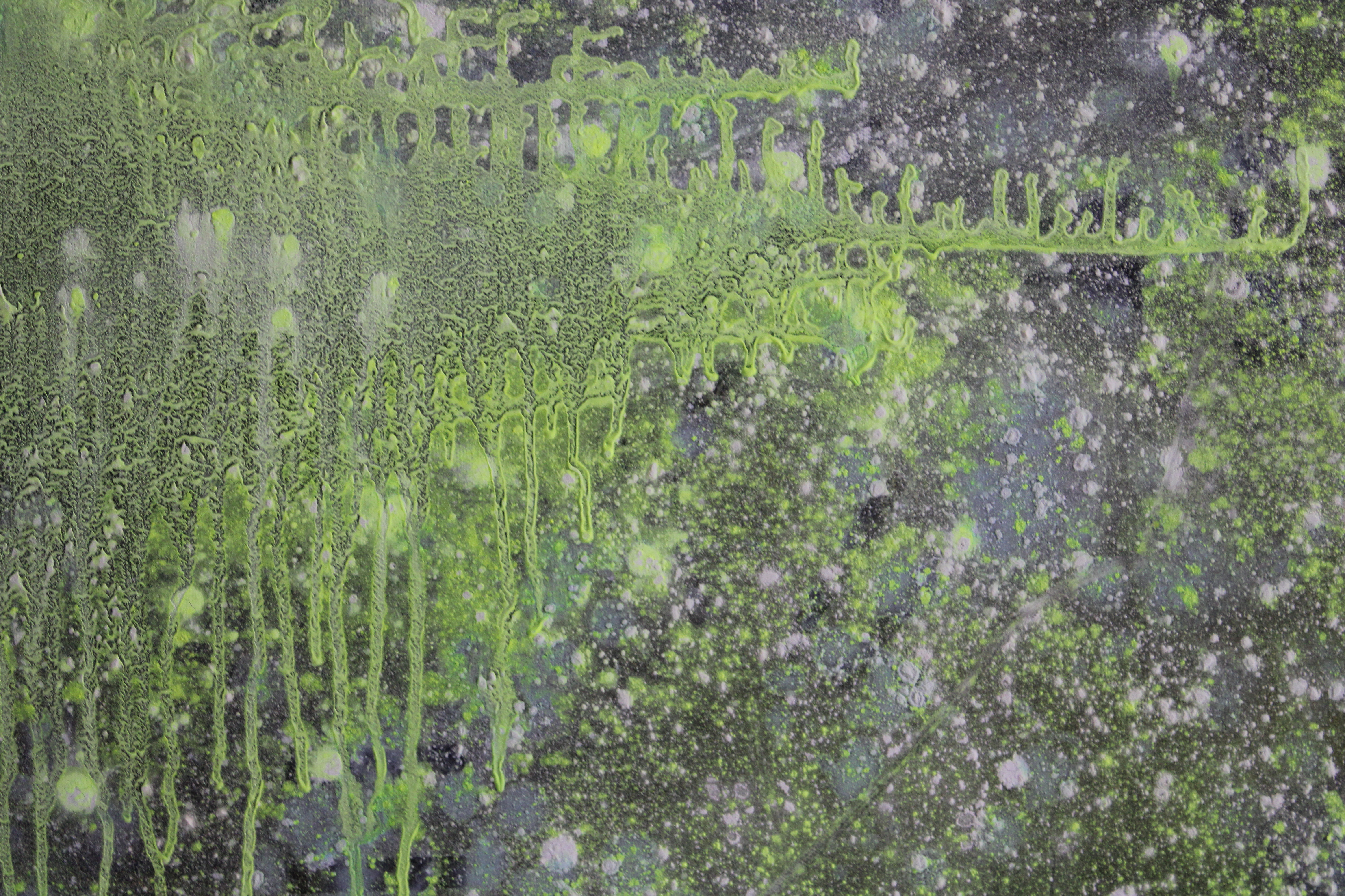 Close-up detail of Contact showing lime green branching textures and white speckles over layered gray and dark painted areas.