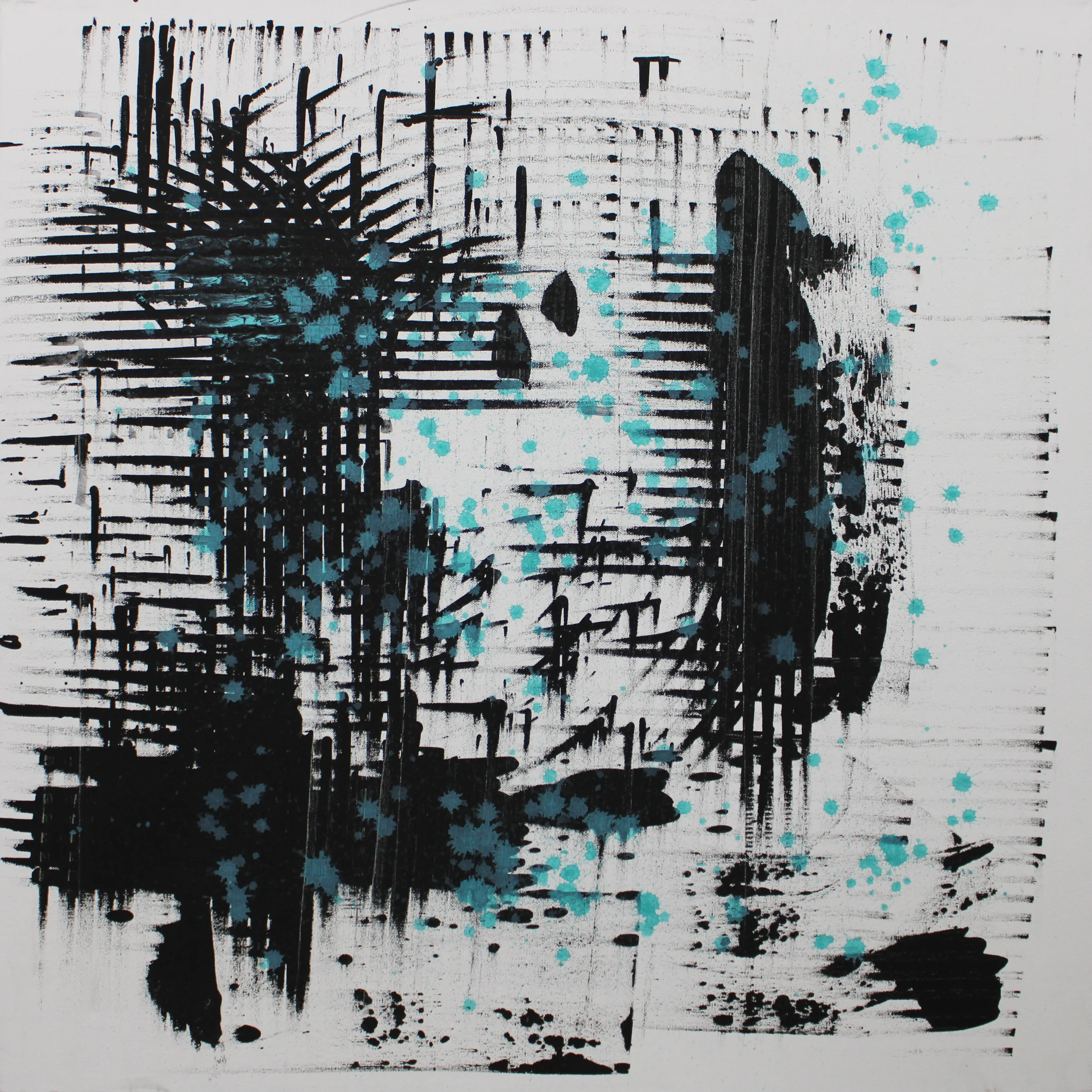 Overlay, a square canvas with intersecting black brush marks, layered linear forms and scattered turquoise accents on a white ground.