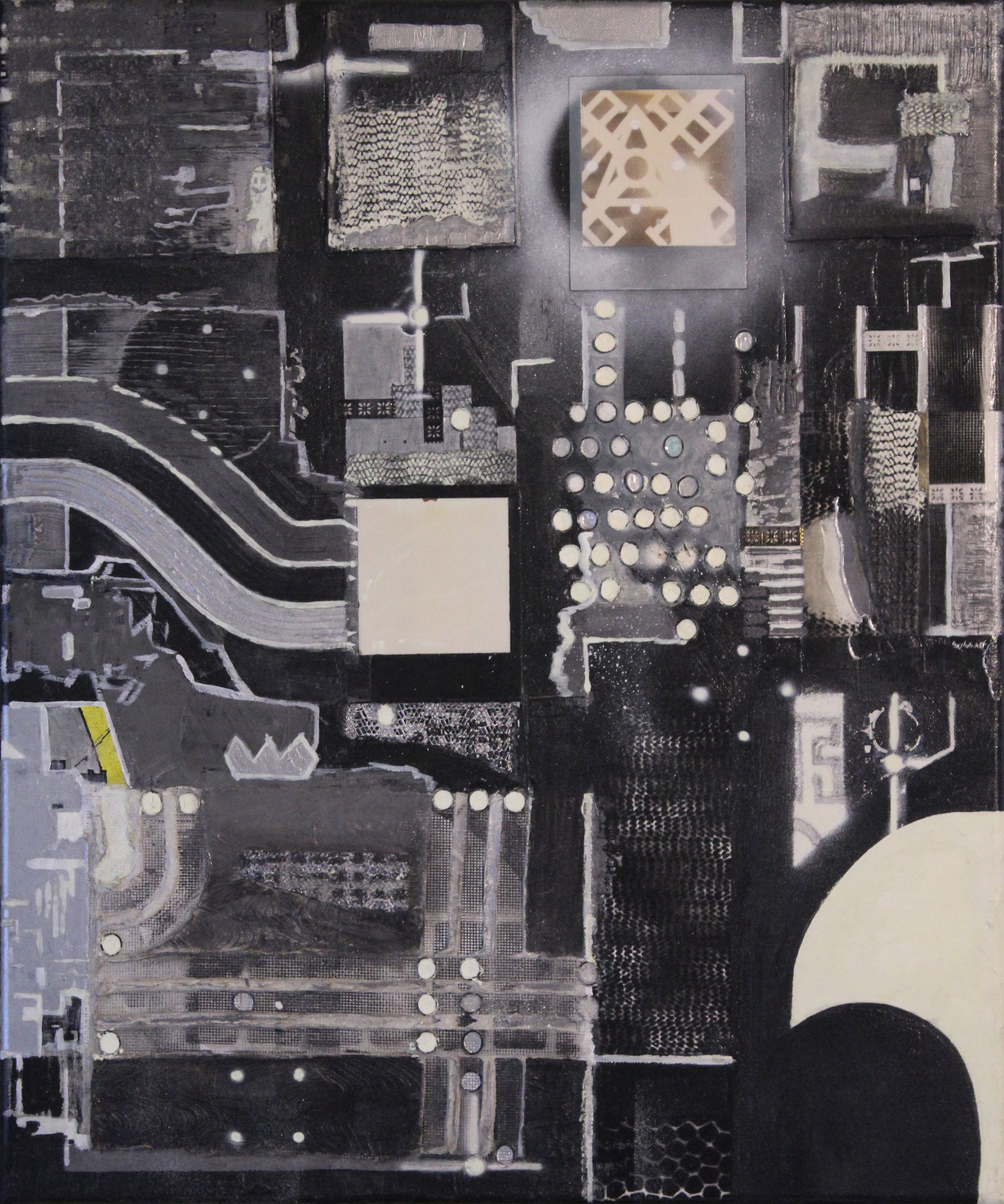 The Collector, a portrait canvas with layered black, gray, and white abstract forms, patterned rectangles, rows of pale circular marks, and small yellow accents.