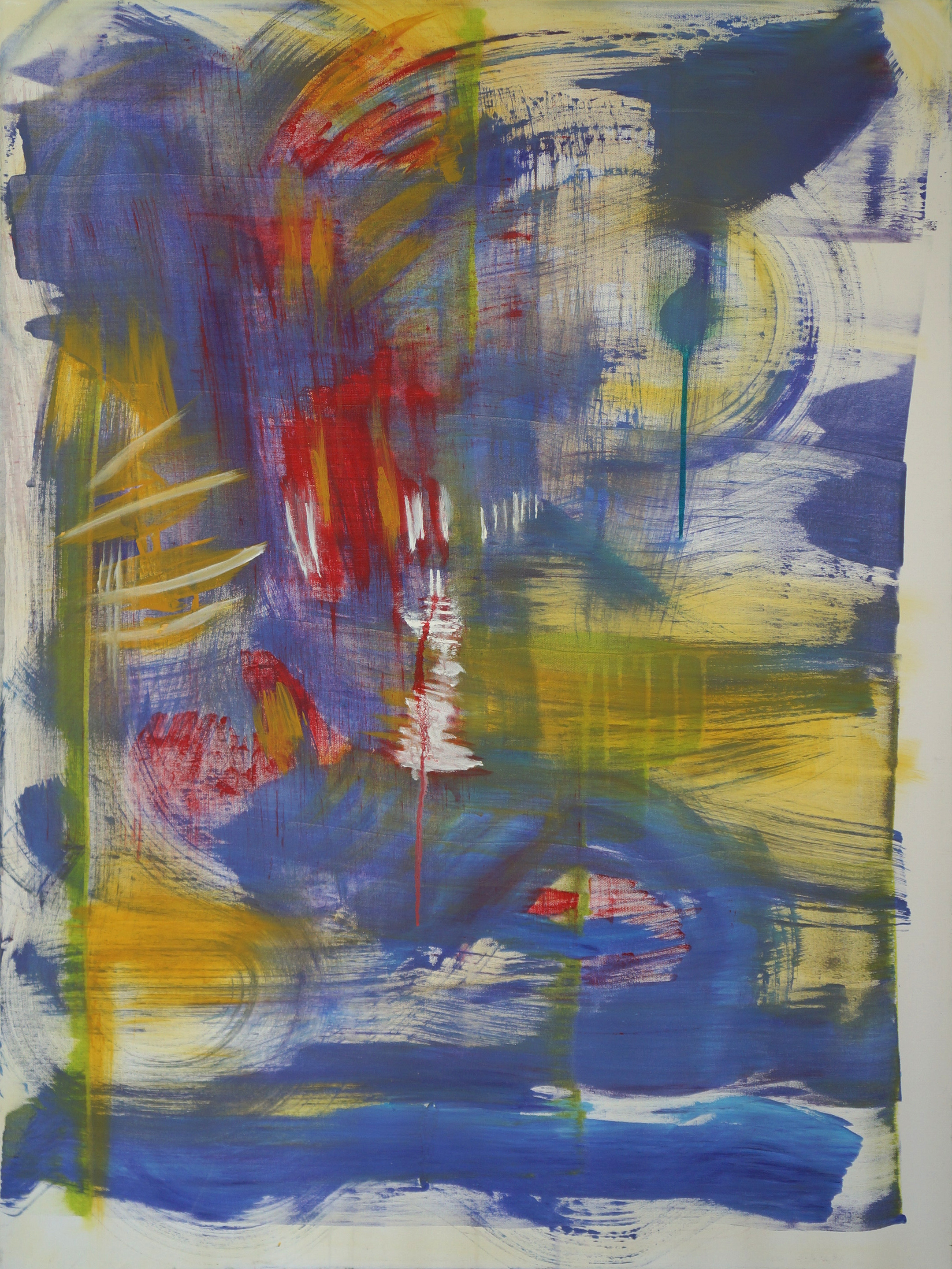 Shaman, a portrait canvas with sweeping blue and lavender brushwork, a vertical red passage, yellow and green accents, and pale painted margins.