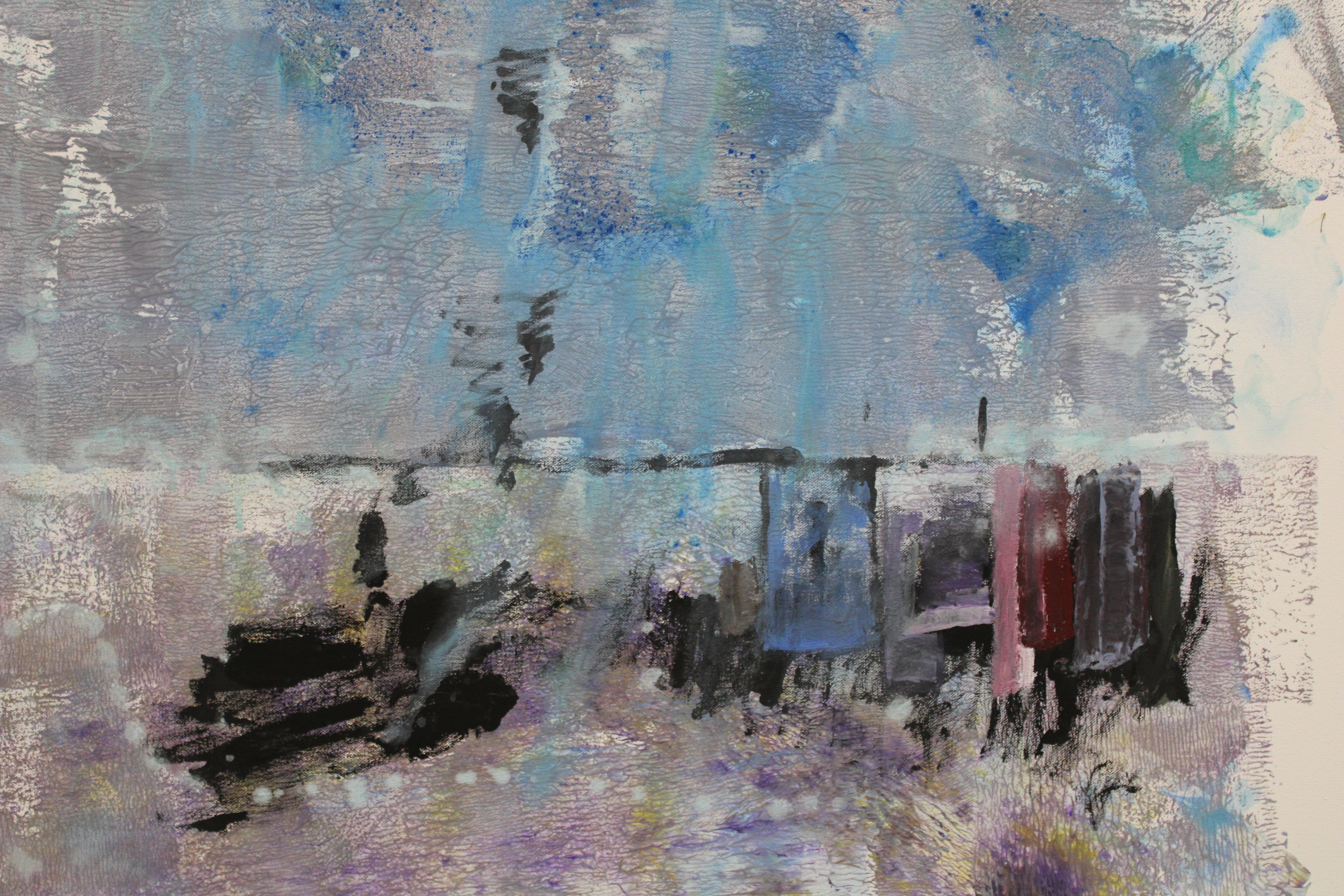 Close-up detail of Horizon showing blue and gray surface textures, a dark horizontal line, black gestural marks, and vertical blue, purple and rose accents.