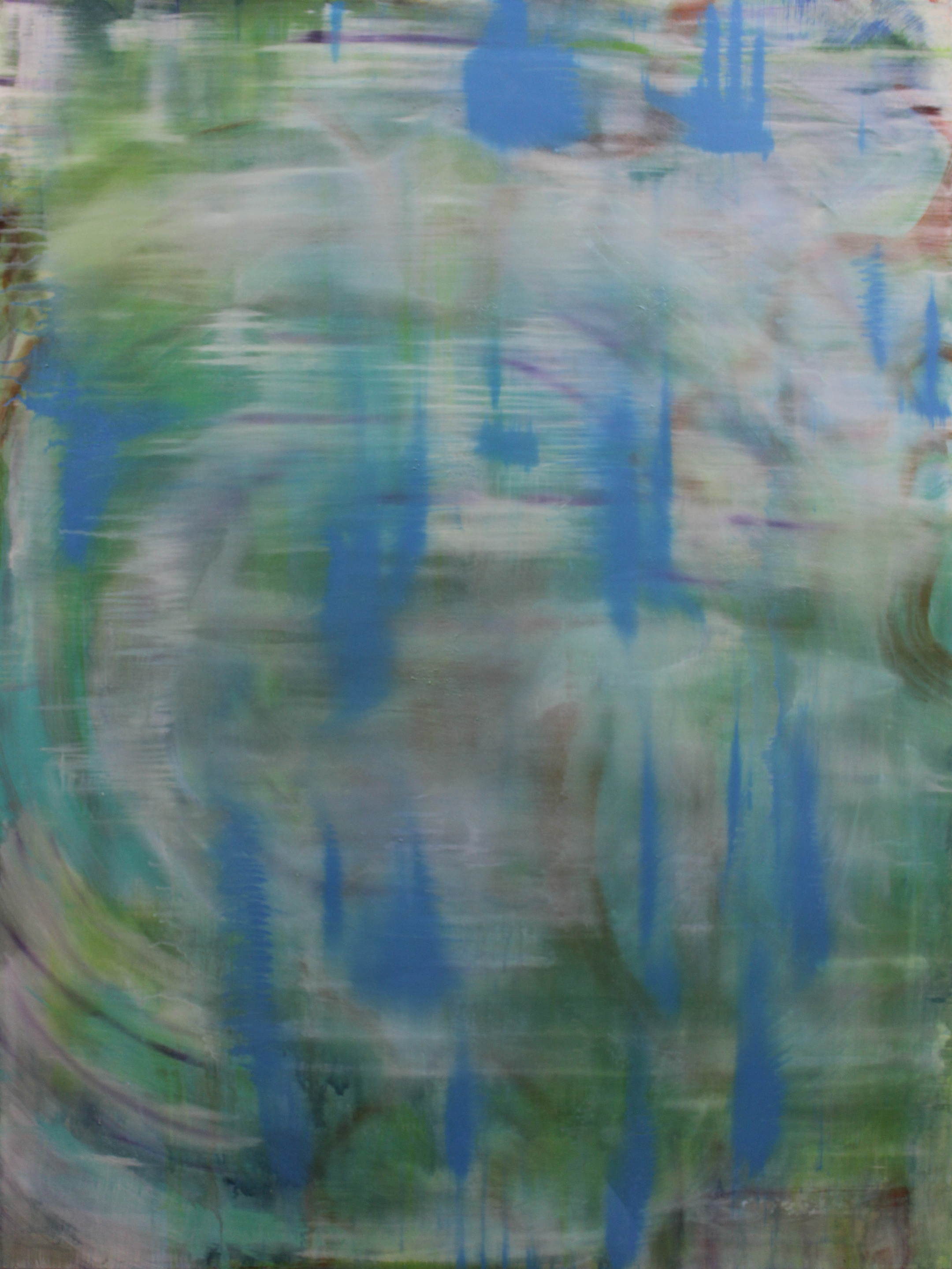 Blizzard, a portrait canvas with layered green, turquoise and pale gray brushwork, soft sweeping arcs and vertical blue passages.