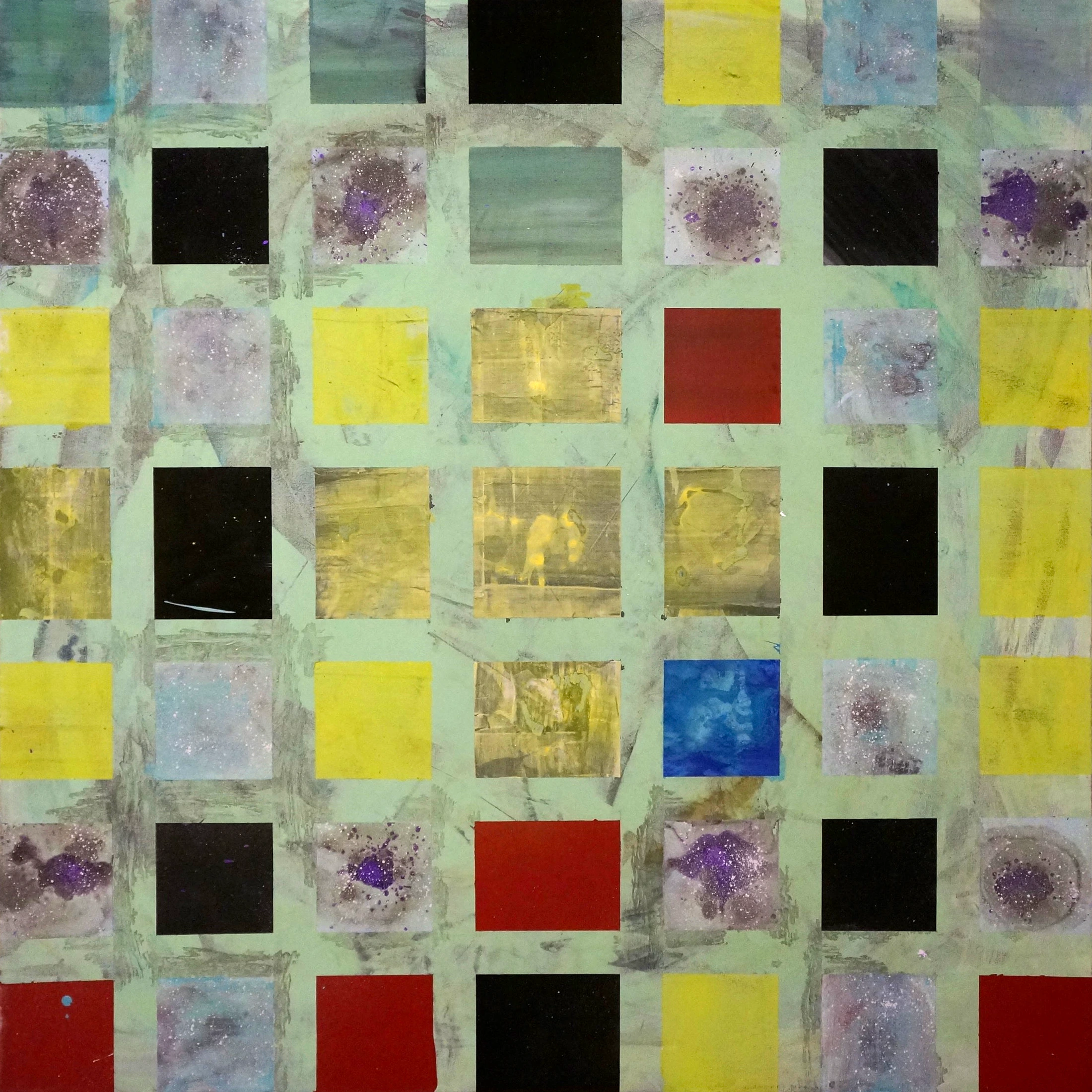 Tesseract, a square abstract canvas with a grid of colorful squares, gold-toned textured areas, and purple splashes on a pale green ground.