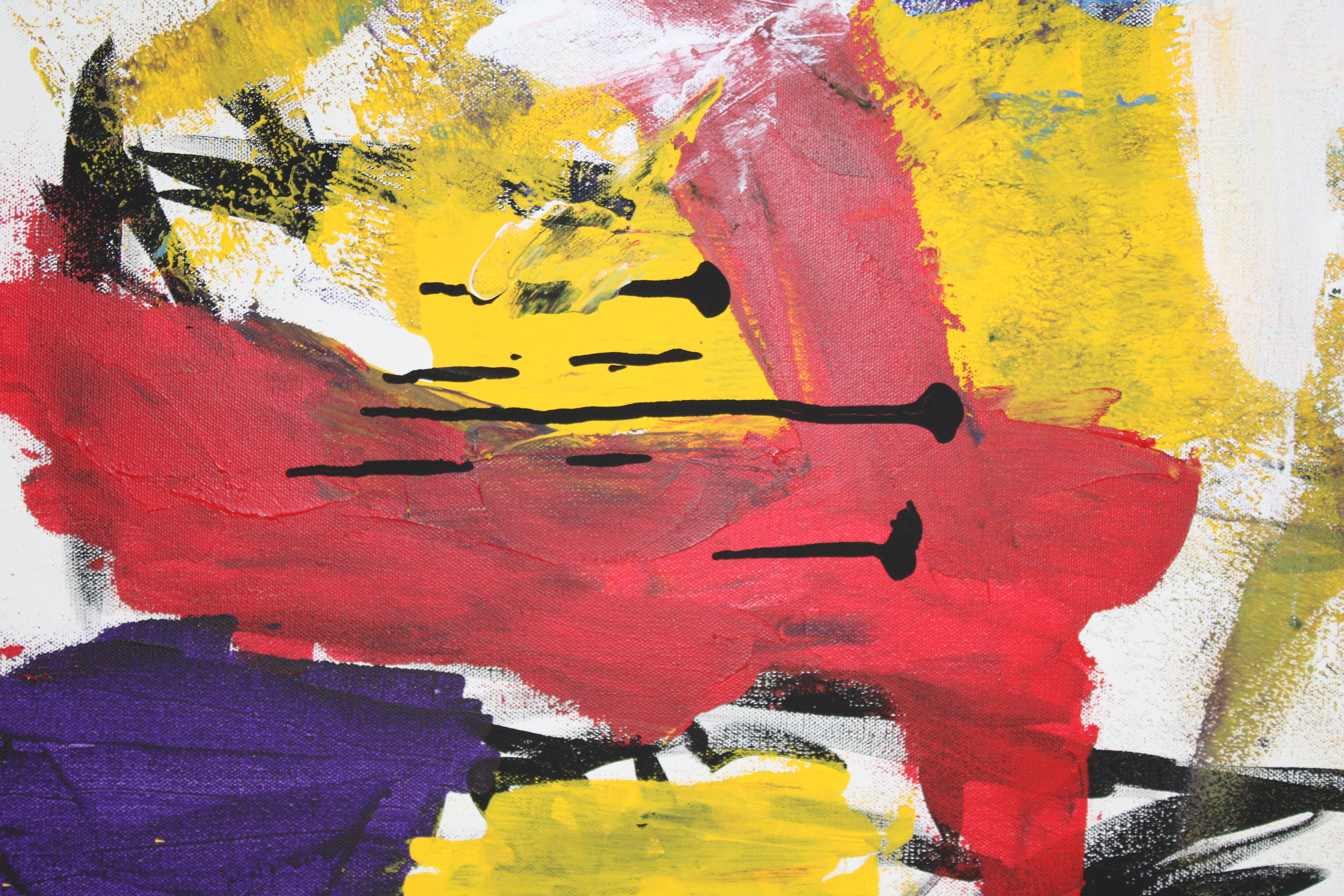 Close-up detail of Jab Jab showing red and yellow brushwork, black drips, purple paint, and the canvas weave.