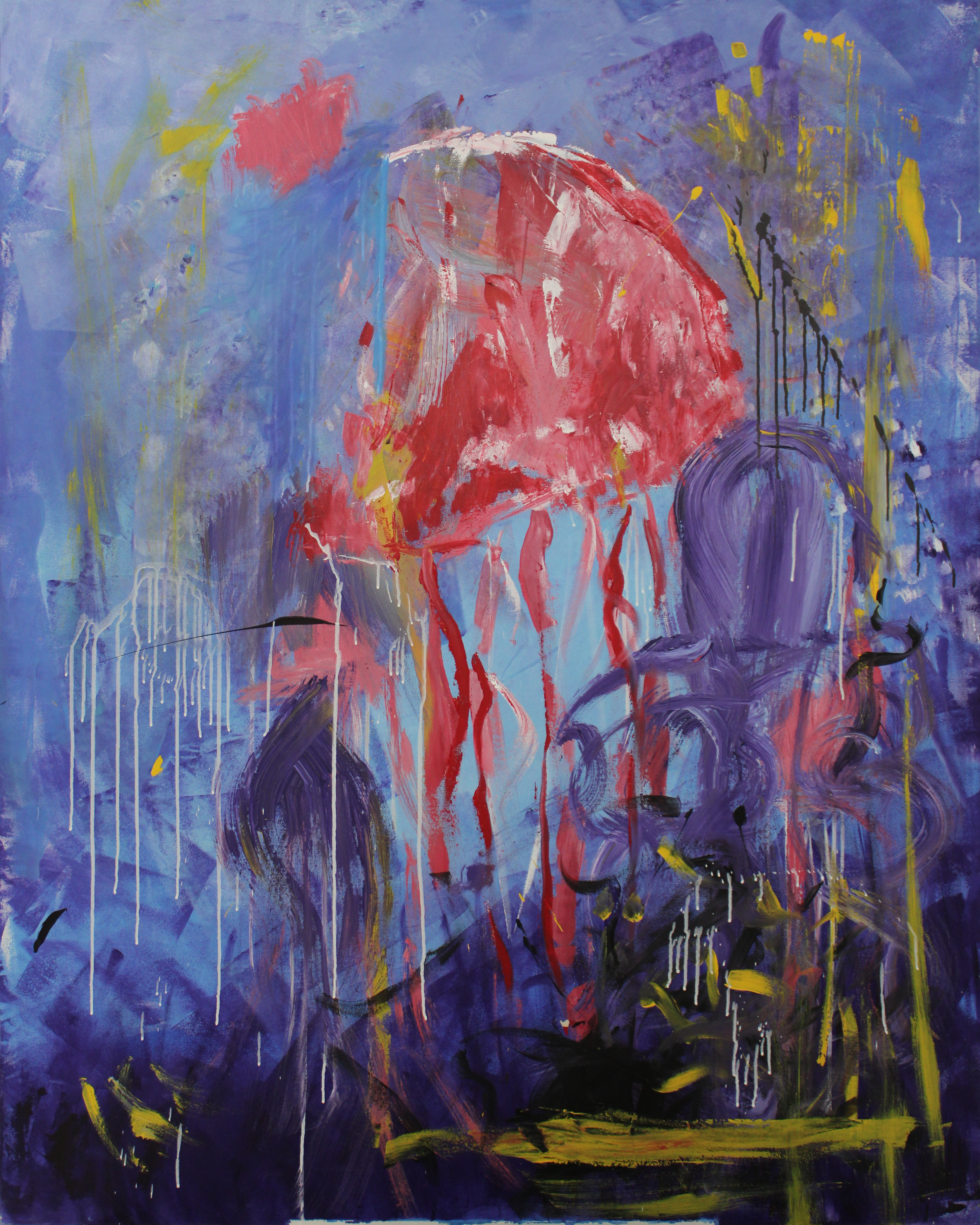 Jellyfish, a portrait canvas with layered blue and purple brushwork, a sweeping coral red form, yellow accents, white drips, and dark gestural marks.