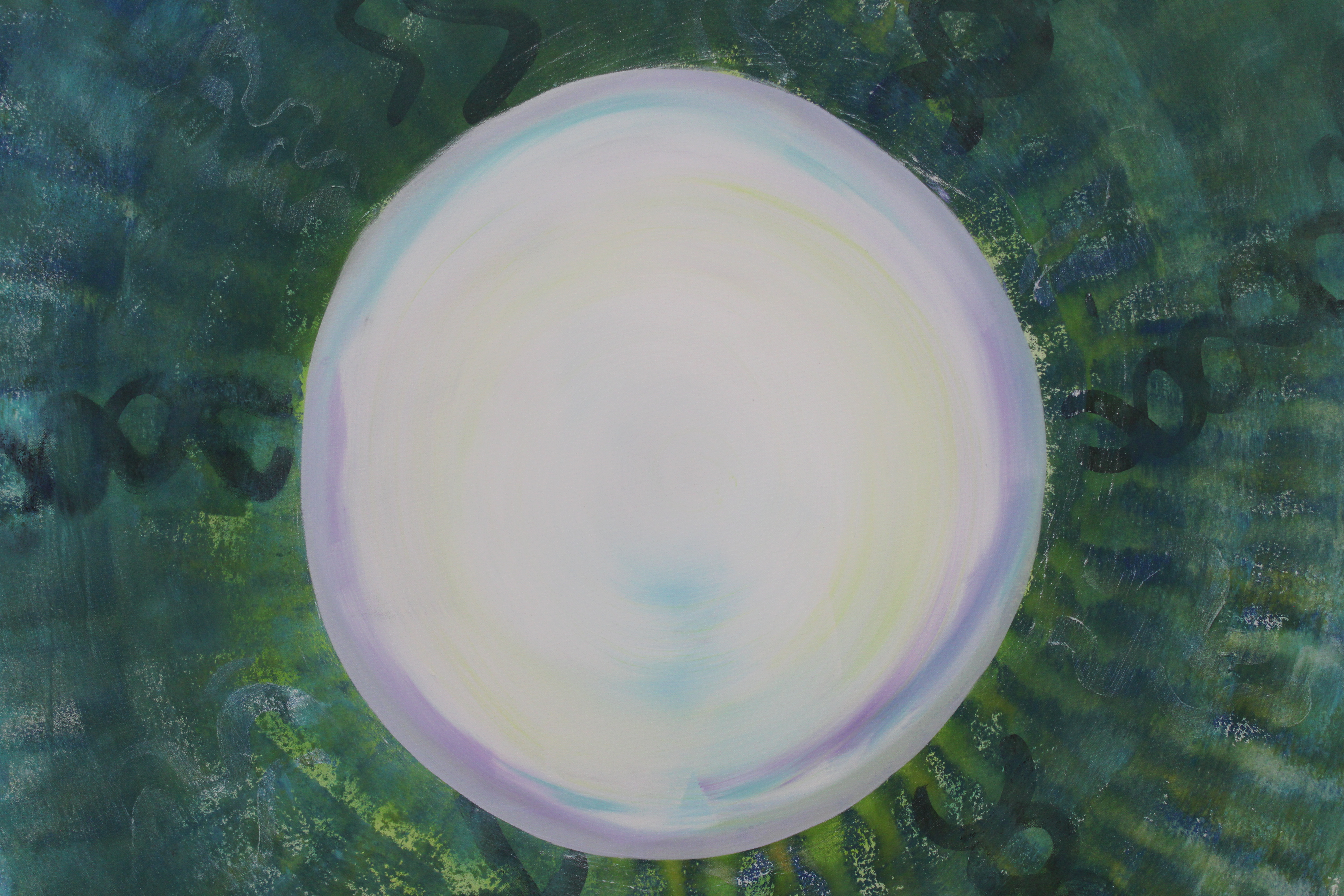 Close-up detail of Zeitgeist showing the large pale circular form with lavender and turquoise bands, surrounded by layered green and blue brushwork and dark curved marks.