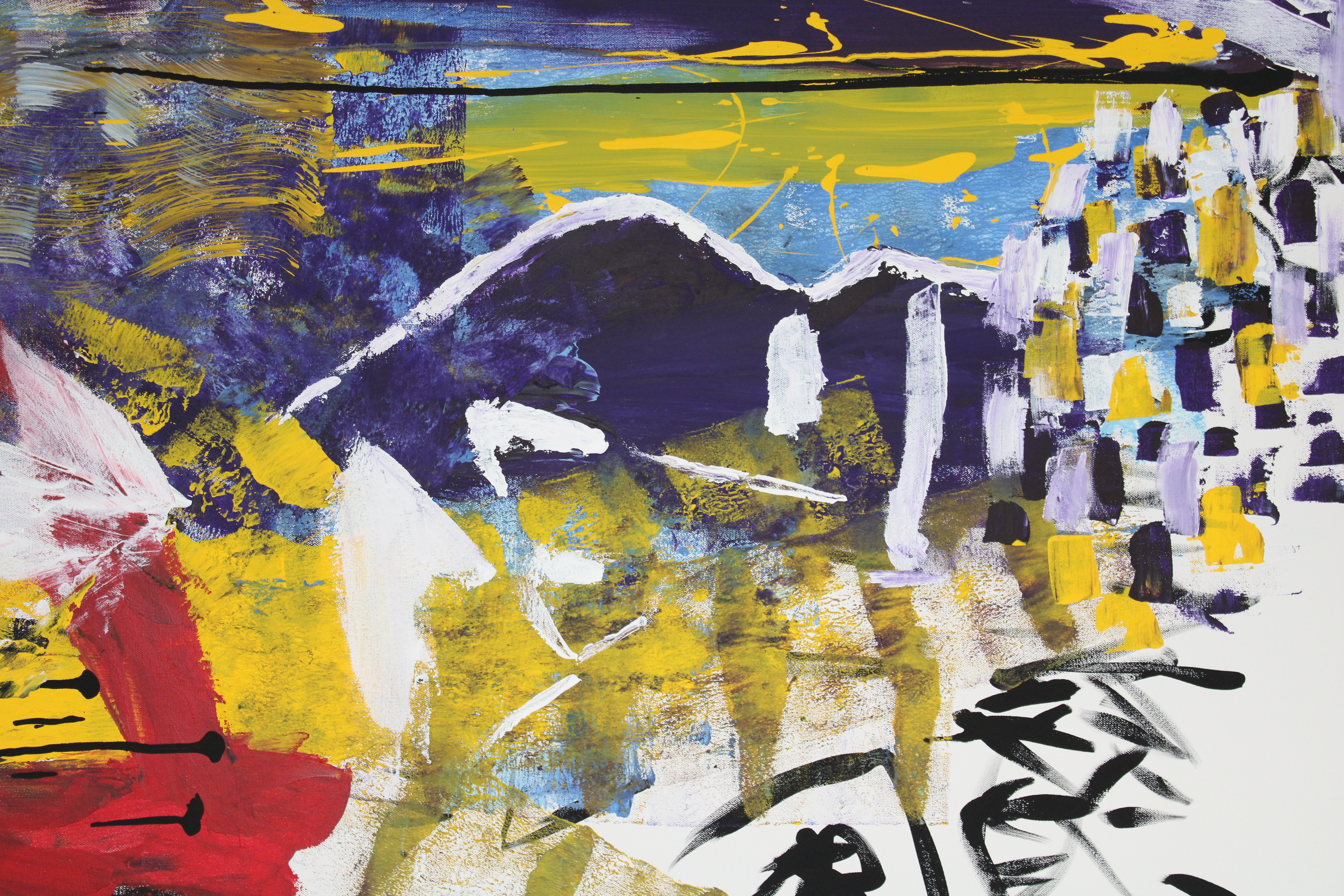 Close-up detail of Jab Jab showing lavender and yellow strokes over purple and blue layers, yellow drips, and white marks.