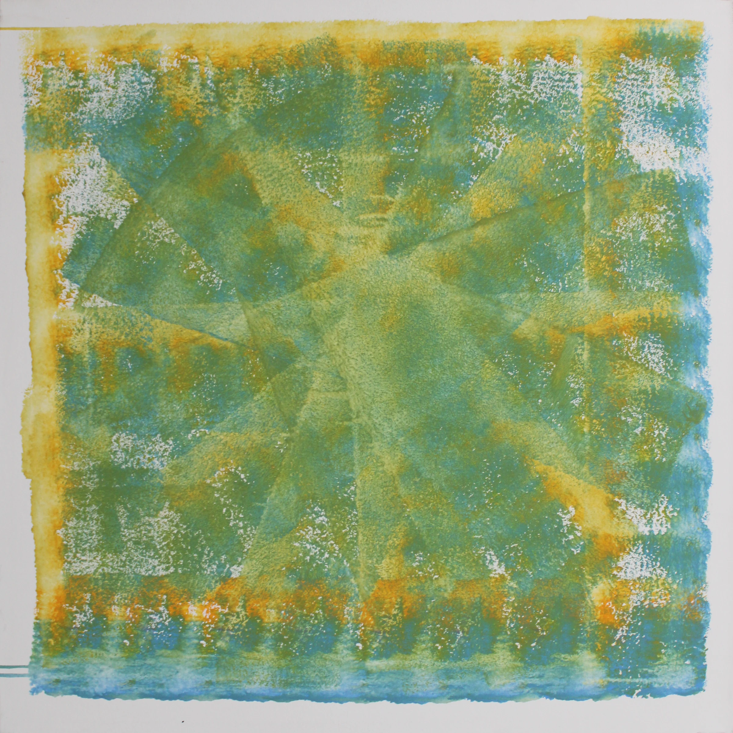 Kaleidoscope, a square canvas with overlapping green, turquoise and yellow geometric textures, surrounded by a white painted border.