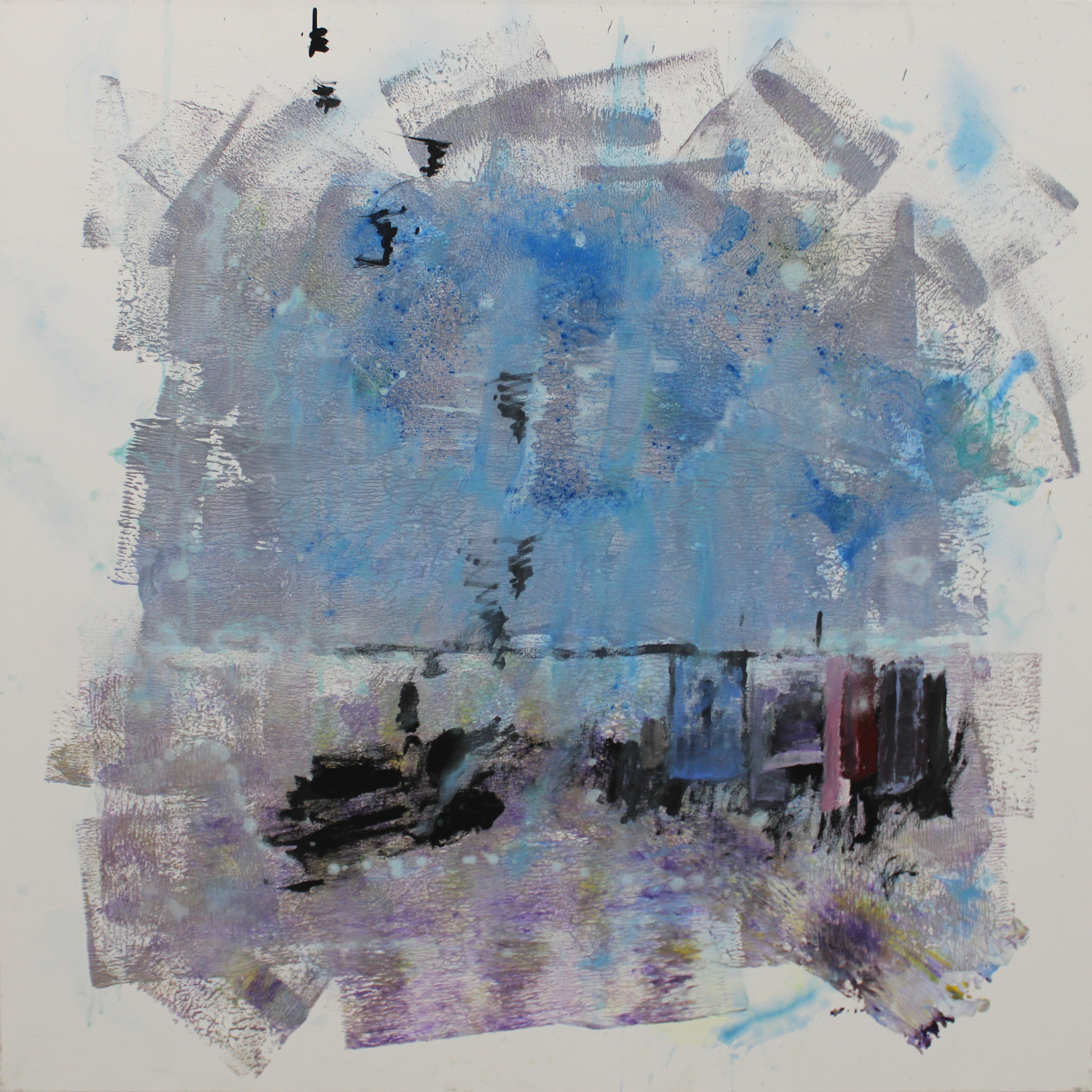 Horizon, a square canvas with layered blue, gray, lavender and turquoise textures, pale margins, black gestural marks, and a dark horizontal line with vertical blue, purple and rose accents.