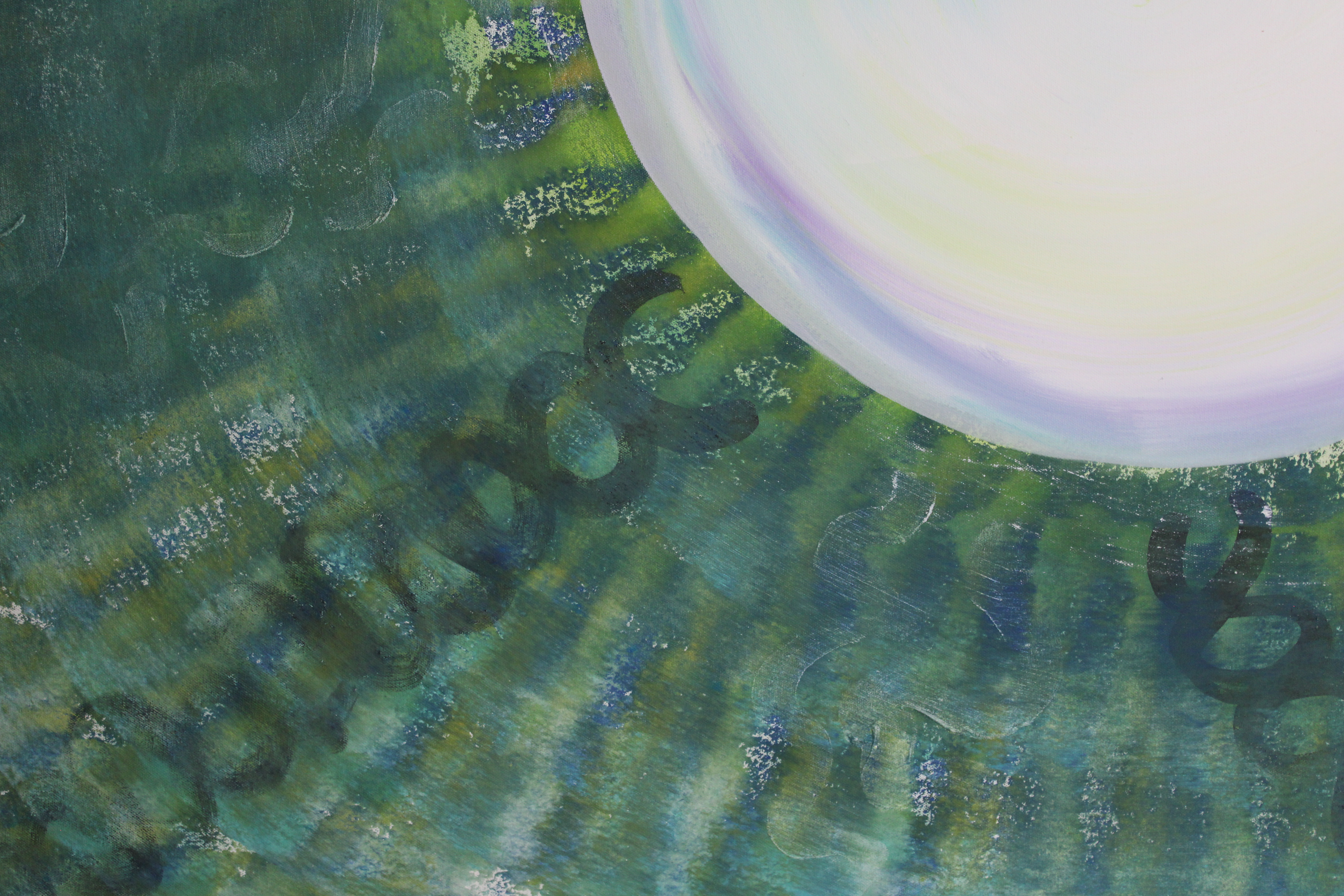 Close-up detail of Zeitgeist showing the right edge of the pale circle and layered green and turquoise textures with dark curved marks and fine pale lines.