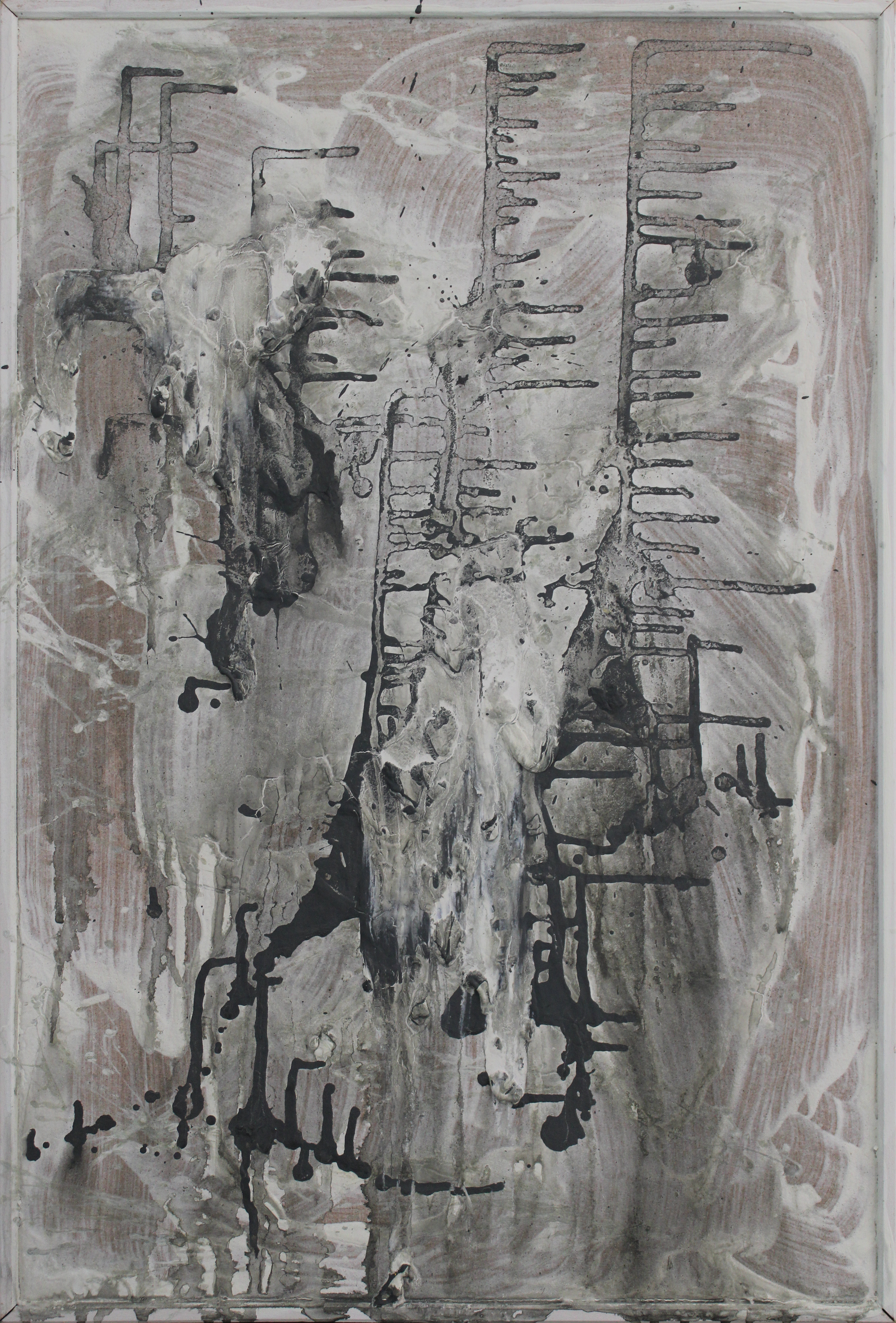 Cyanescens, a framed portrait artwork with pale gray and pink washes, raised white textures, curved brushwork, and dark branching linear forms.