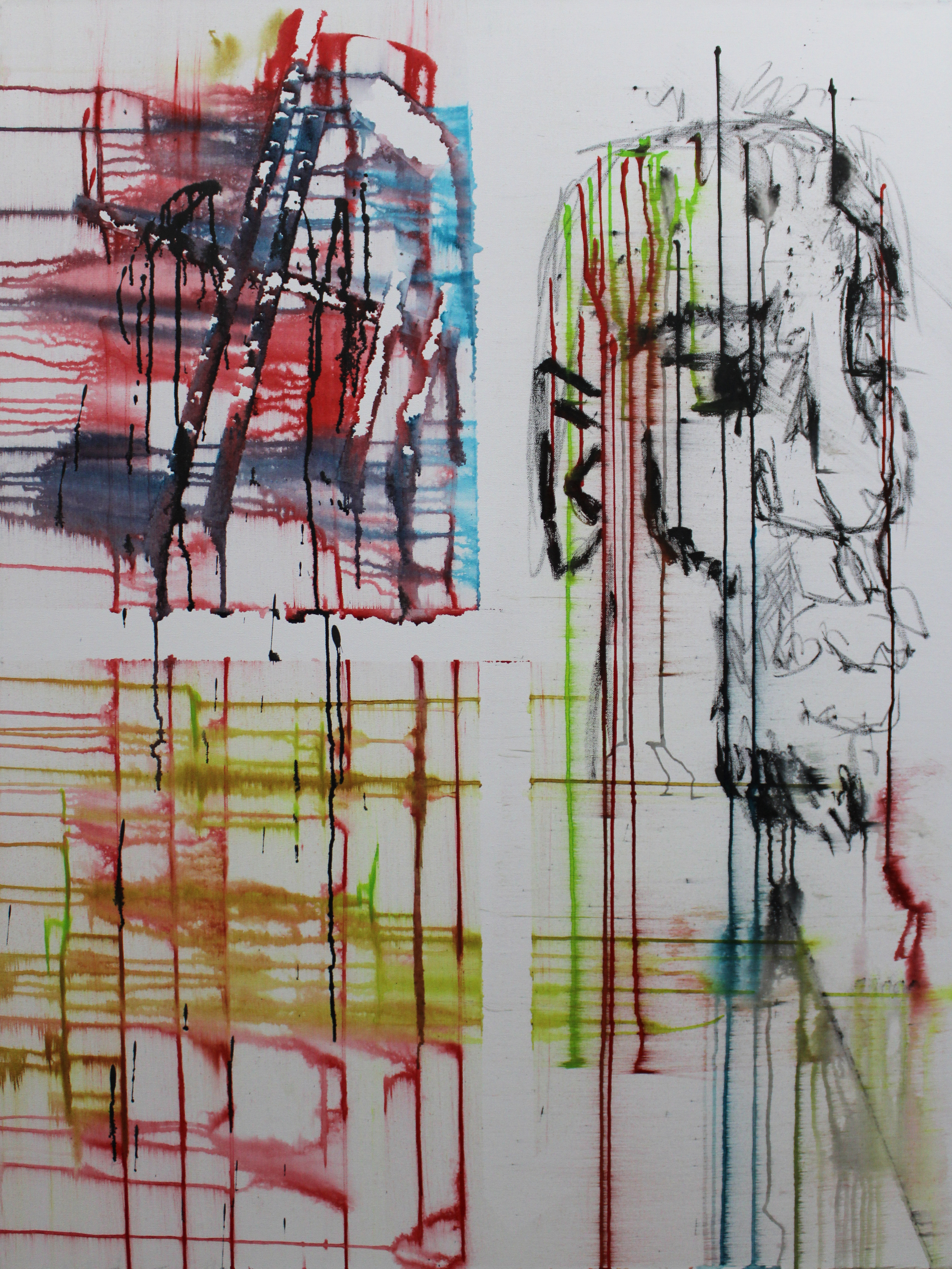 Diaspora, a portrait canvas with red and blue washes, intersecting yellow and green drips, and expressive black linear marks on a pale ground.